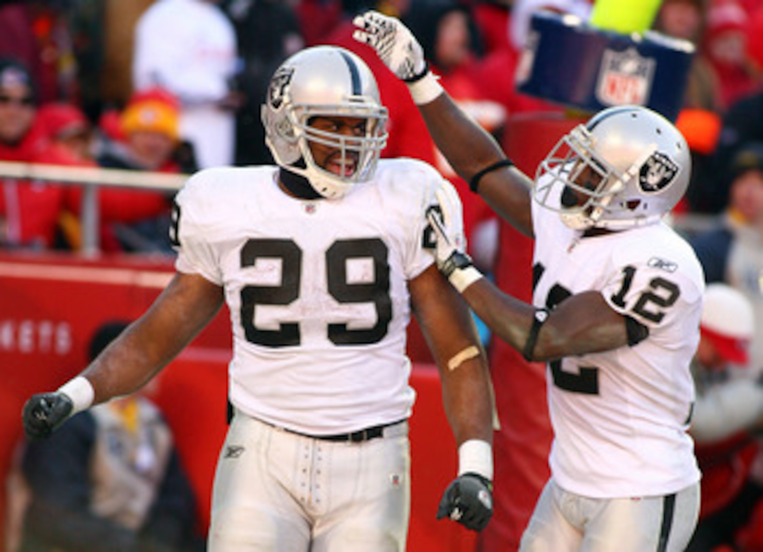 OAKLAND, CA - OCTOBER 31:  Darrius Heyward-Bey #85 of the Oakland Raiders is lifted in the air by Marcel Reece #45 after he ran in for a touchdown against the Seattle Seahawks at Oakland-Alameda County Coliseum on October 31, 2010 in Oakland, California.