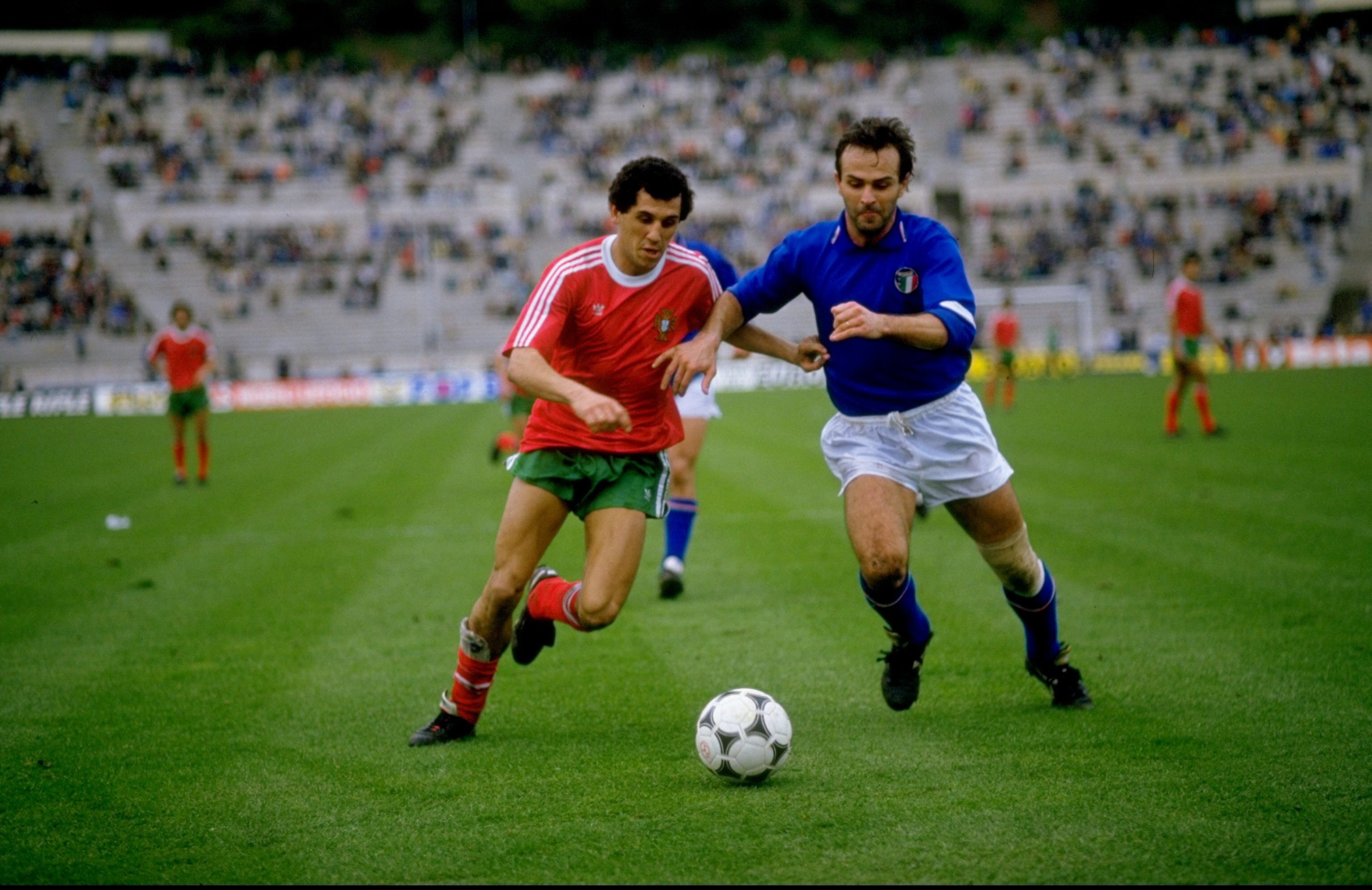 14 Feb 1987:  Cabrini of Italy takes on Jaime of Portugal during the European Championship qualifying match against Portugal played in Lisbon, Portugal.  Italy won the match 1-0.  \ Mandatory Credit: Allsport UK /Allsport
