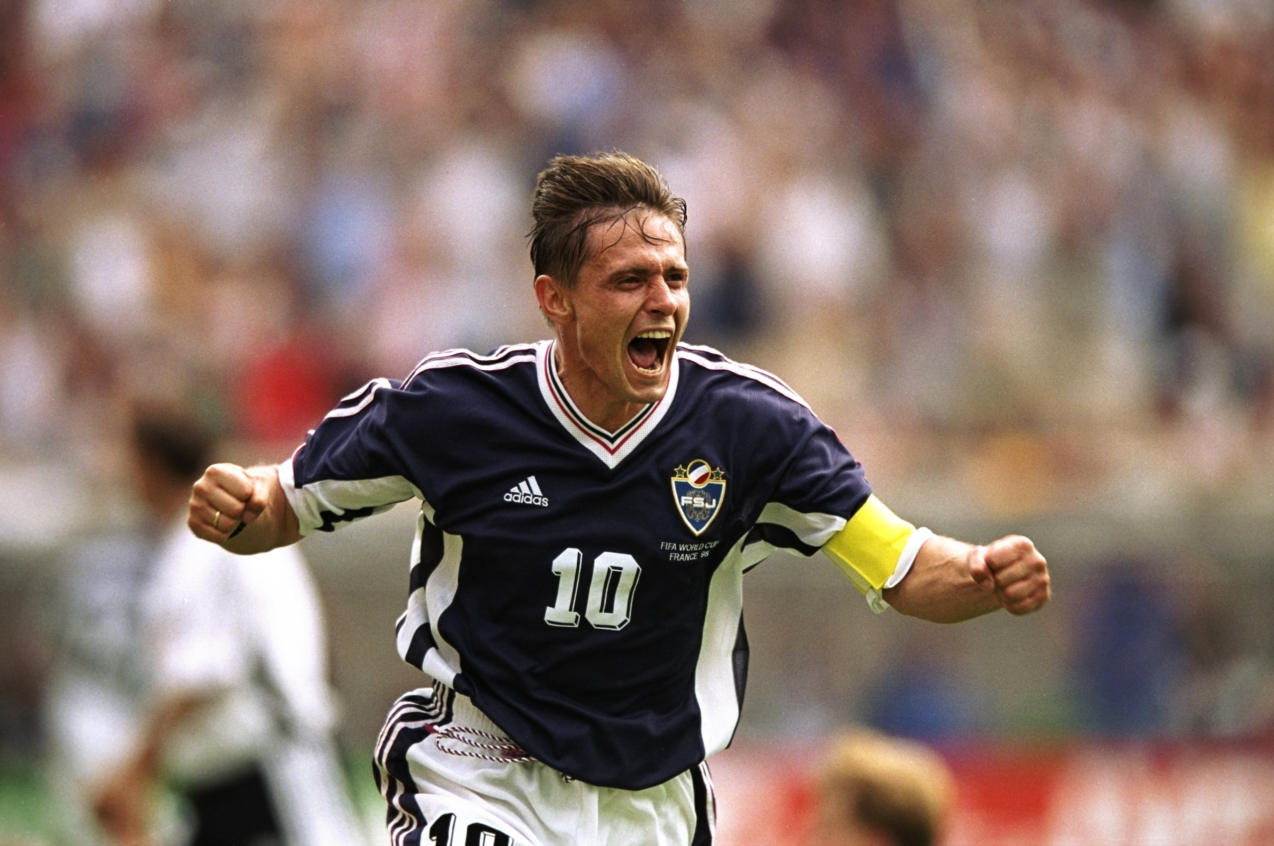 21 Jun 1998:  Yugoslavia captain Dragan Stojkovic celebrates his goal during the World Cup group F game against Germany at the Stade Felix Bollaert in Lens, France. The match ended 2-2. \ Mandatory Credit: Shaun Botterill /Allsport