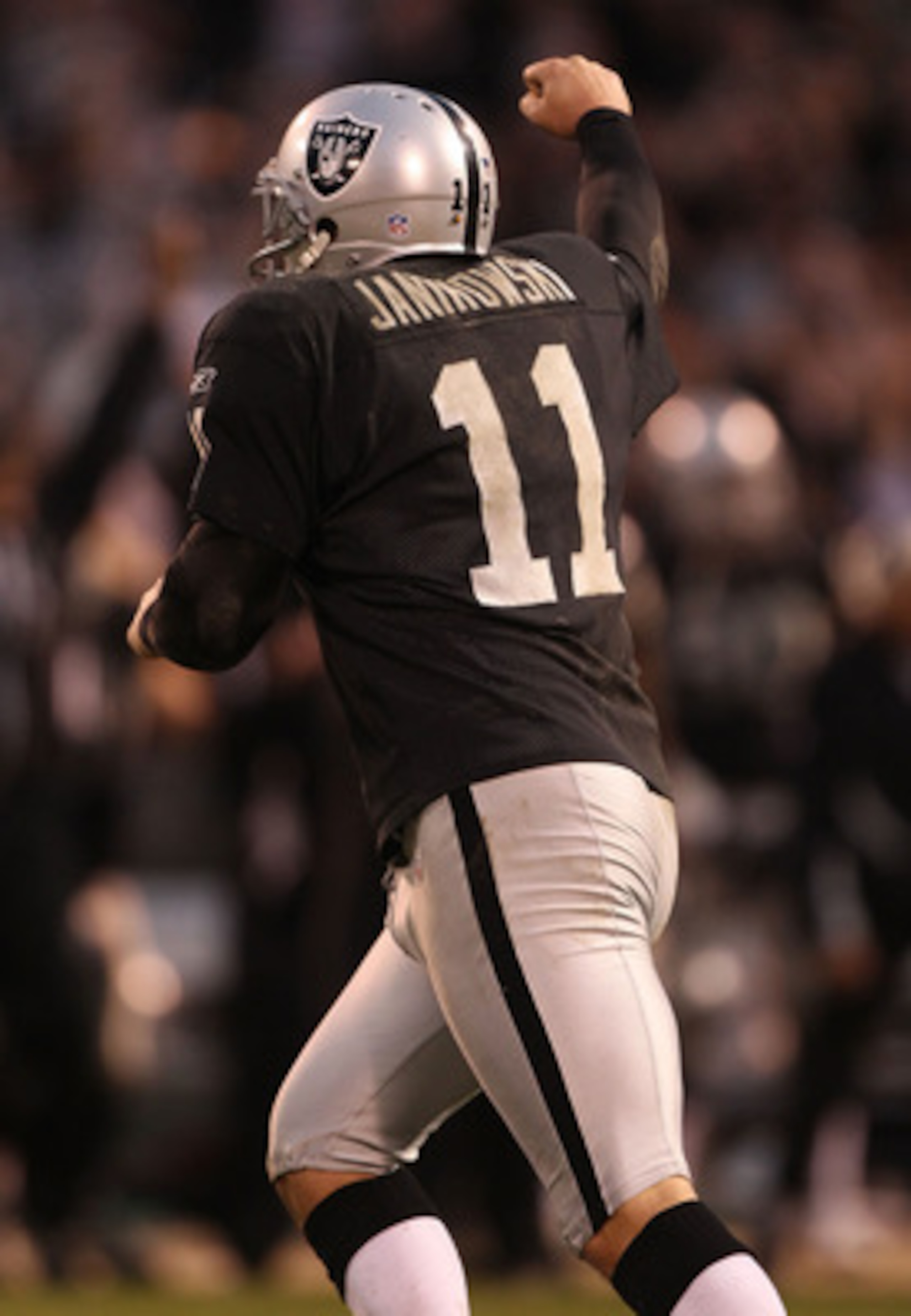 OAKLAND, CA - NOVEMBER 07:  Sebastian Janikowski #11 of the Oakland Raiders celebrates after kicking the game winning field goal in overtime against the Kansas City Chiefs during an NFL game at Oakland-Alameda County Coliseum on November 7, 2010 in Oaklan
