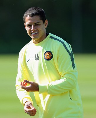 MANCHESTER, ENGLAND - MAY 03:  Javier Hernandez  looks on during a training session ahead of their UEFA Champions League semi final second leg match against Schalke 04 at the Carrington Training Ground on May 3, 2011 in Manchester, England.  (Photo by Mic