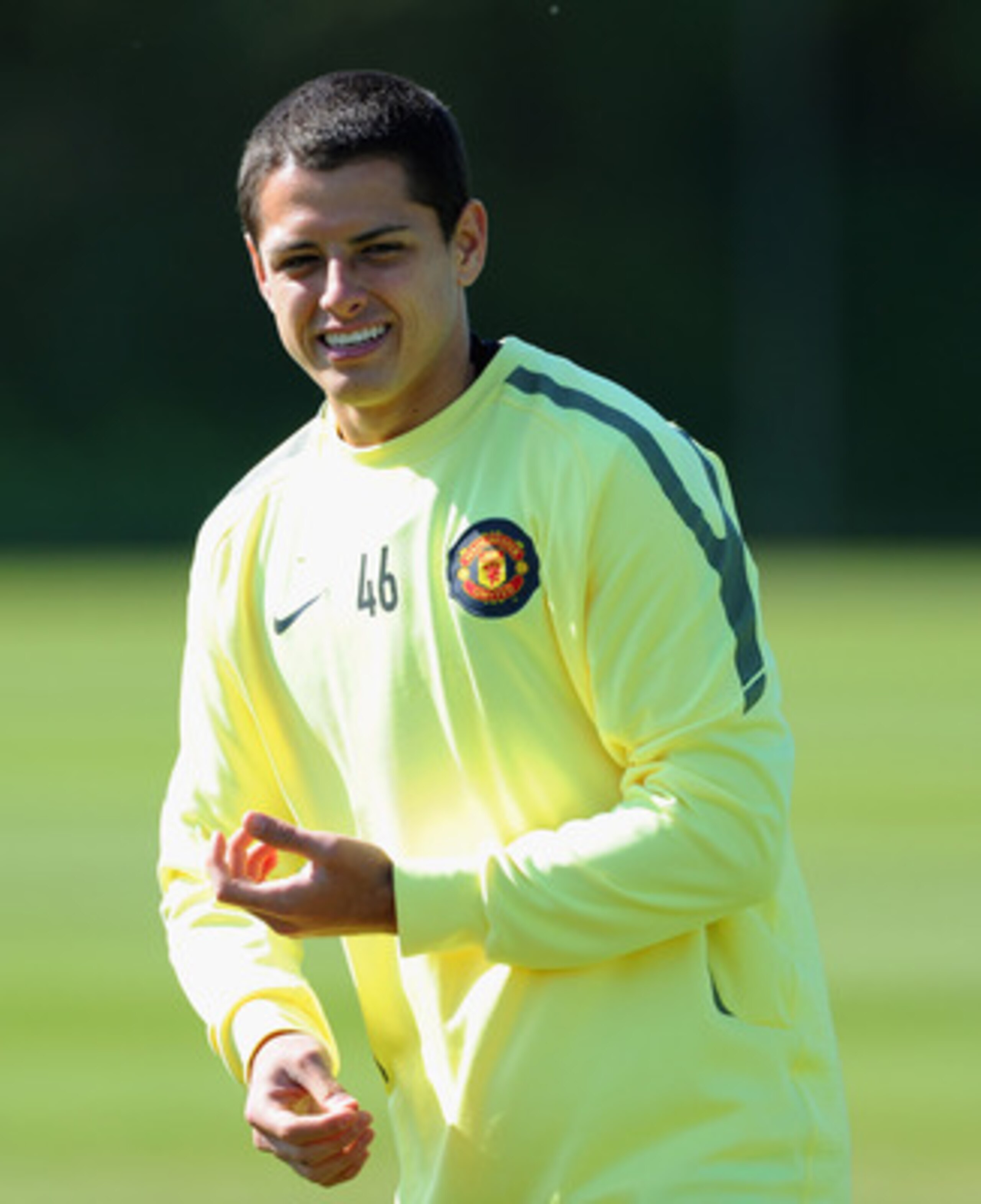 MANCHESTER, ENGLAND - MAY 03:  Javier Hernandez  looks on during a training session ahead of their UEFA Champions League semi final second leg match against Schalke 04 at the Carrington Training Ground on May 3, 2011 in Manchester, England.  (Photo by Mic