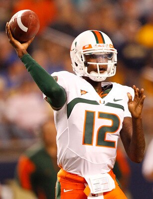 PITTSBURGH - SEPTEMBER 23:  Jacory Harris #12 of the Miami Hurricanes drops back to pass against the Pittsburgh Panthers on September 23, 2010 at Heinz Field in Pittsburgh, Pennsylvania.  (Photo by Jared Wickerham/Getty Images)