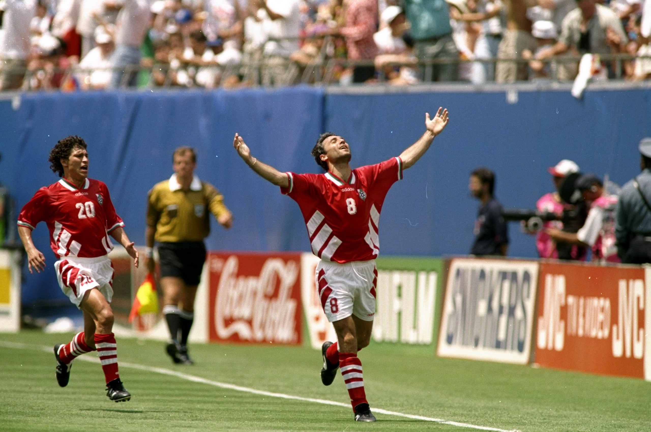10 Jul 1994:  Hristo Stoichkov of Bulgaria celebrates their first goal during the World Cup quarter-final against Germany at the Giants Stadium in New York, USA. Bulgaria won the match 2-1. \ Mandatory Credit: Rick  Stewart/Allsport