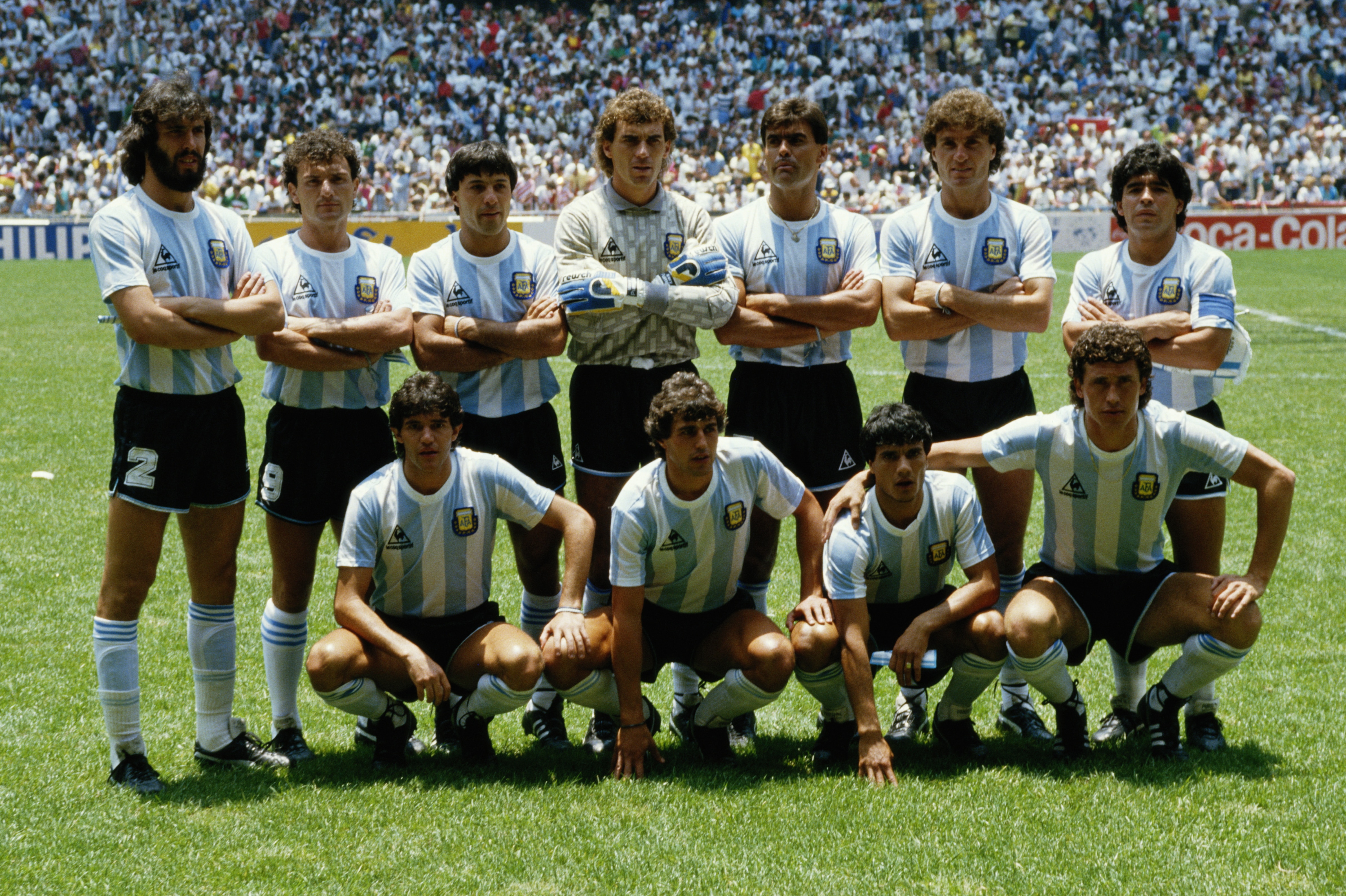 Nery PUMPIDO (GK), Sergio BATISTA, Jose BROWN, Jorge BURRUCHAGA, Jose CUCIUFFO, Diego MARADONA, Jorge VALDANO, Hector ENRIQUE, Ricardo GIUSTI, Julio OLARTICOECHEA, Oscar RUGGERI  of Argentina line up before the FIFA World Cup final on 29 June 1986 at the