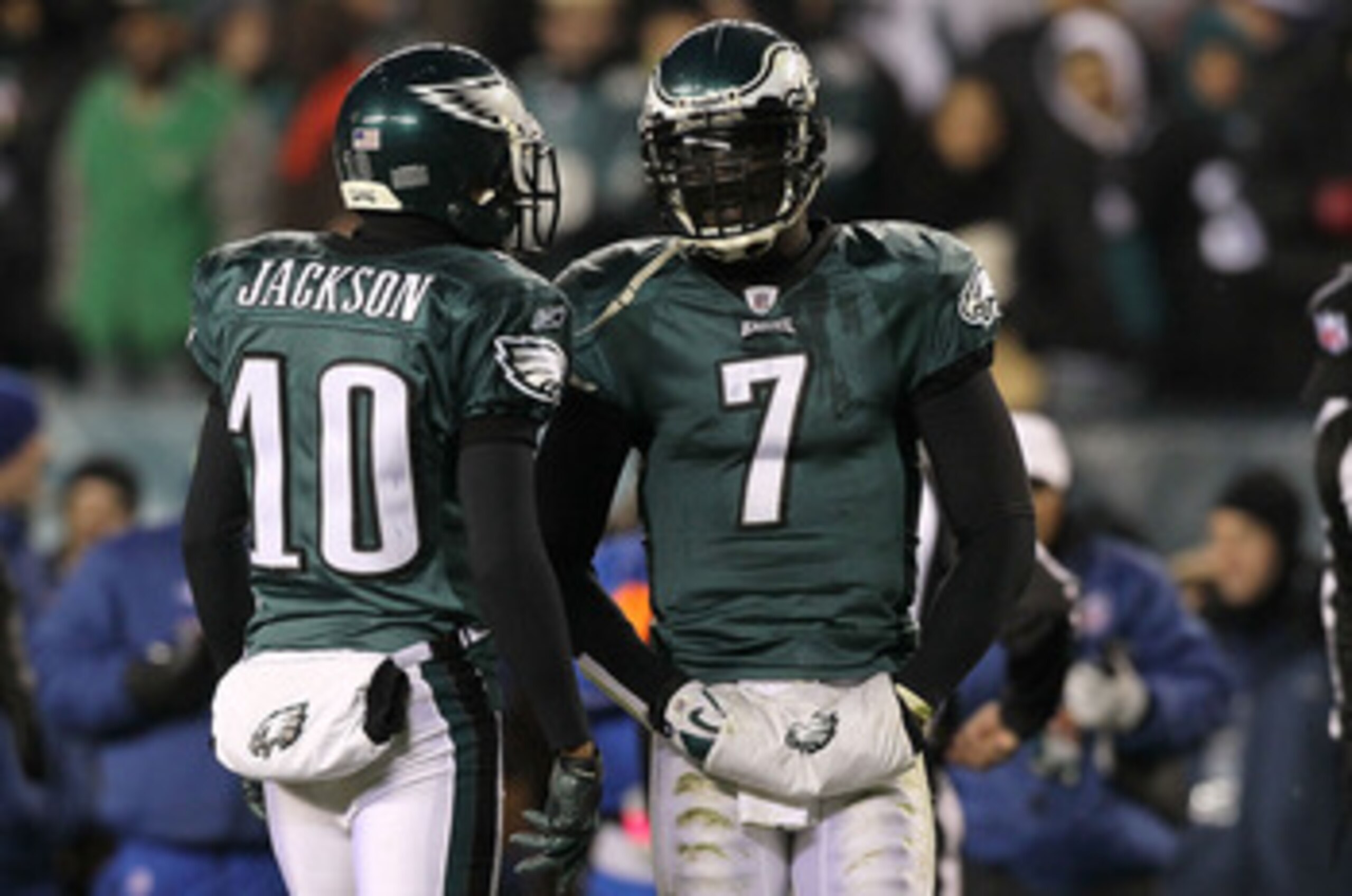 PHILADELPHIA, PA - DECEMBER 02: Quarterback Michael Vick #7 and DeSean Jackson #10 of the Philadelphia Eagles talk on the field against the Houston Texans at Lincoln Financial Field on December 2, 2010 in Philadelphia, Pennsylvania. (Photo by Jim McIsaa PHILADELPHIA, PA - DECEMBER 02: Quarterback Michael Vick #7 and DeSean Jackson #10 of the Philadelphia Eagles talk on the field against the Houston Texans at Lincoln Financial Field on December 2, 2010 in Philadelphia, Pennsylvania. (Photo by Jim McIsaa