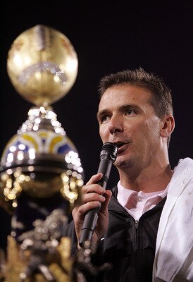 TEMPE, AZ - JANUARY 1:  Utah head coach Urban Meyer speaks to the crowd after his team's 35-7 victory over Pittsburgh in the Tostito's Fiesta Bowl at the Sun Devil Stadium on January 1, 2005 in Tempe, Arizona. Meyer will leave Utah to become the head coac