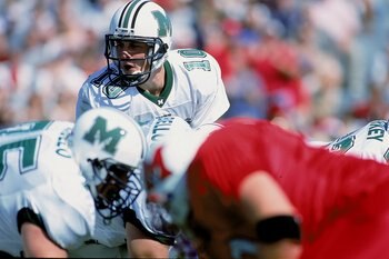 2 Oct 1999:  Chad Pennington #10 of the Marshall Thundering Herd is ready for the hike during the game against the Miami (OH) Redhawks at Yager Stadium in Oxford, Ohio. The Thundering Herd defeated the Redhawks 32-14. Mandatory Credit: Jonathan Daniel  /A