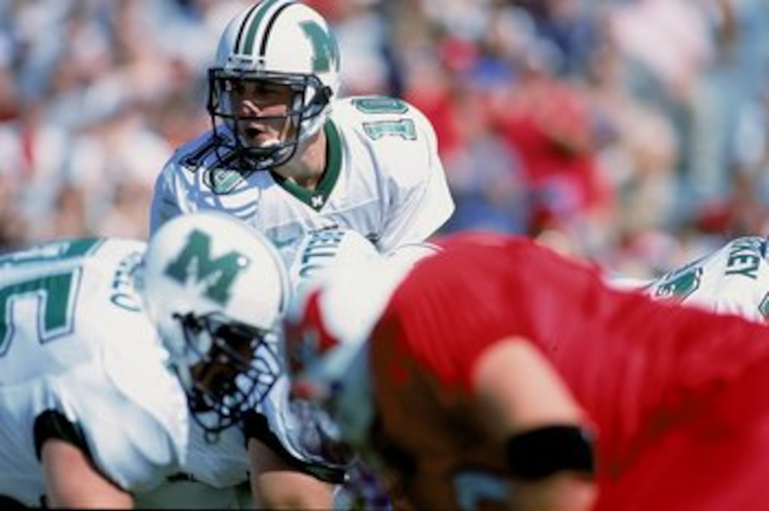 2 Oct 1999:  Chad Pennington #10 of the Marshall Thundering Herd is ready for the hike during the game against the Miami (OH) Redhawks at Yager Stadium in Oxford, Ohio. The Thundering Herd defeated the Redhawks 32-14. Mandatory Credit: Jonathan Daniel  /A