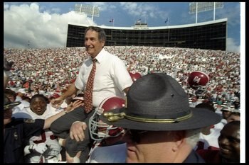 1 Jan 1997:  Alabama Crimson Tide head coach Gene Stallings celebrates after the Outback Bowl against the Michigan Wolverines in Tampa, Florida.  Alabama won the game, 17-14. Mandatory Credit: Jamie Squire  /Allsport