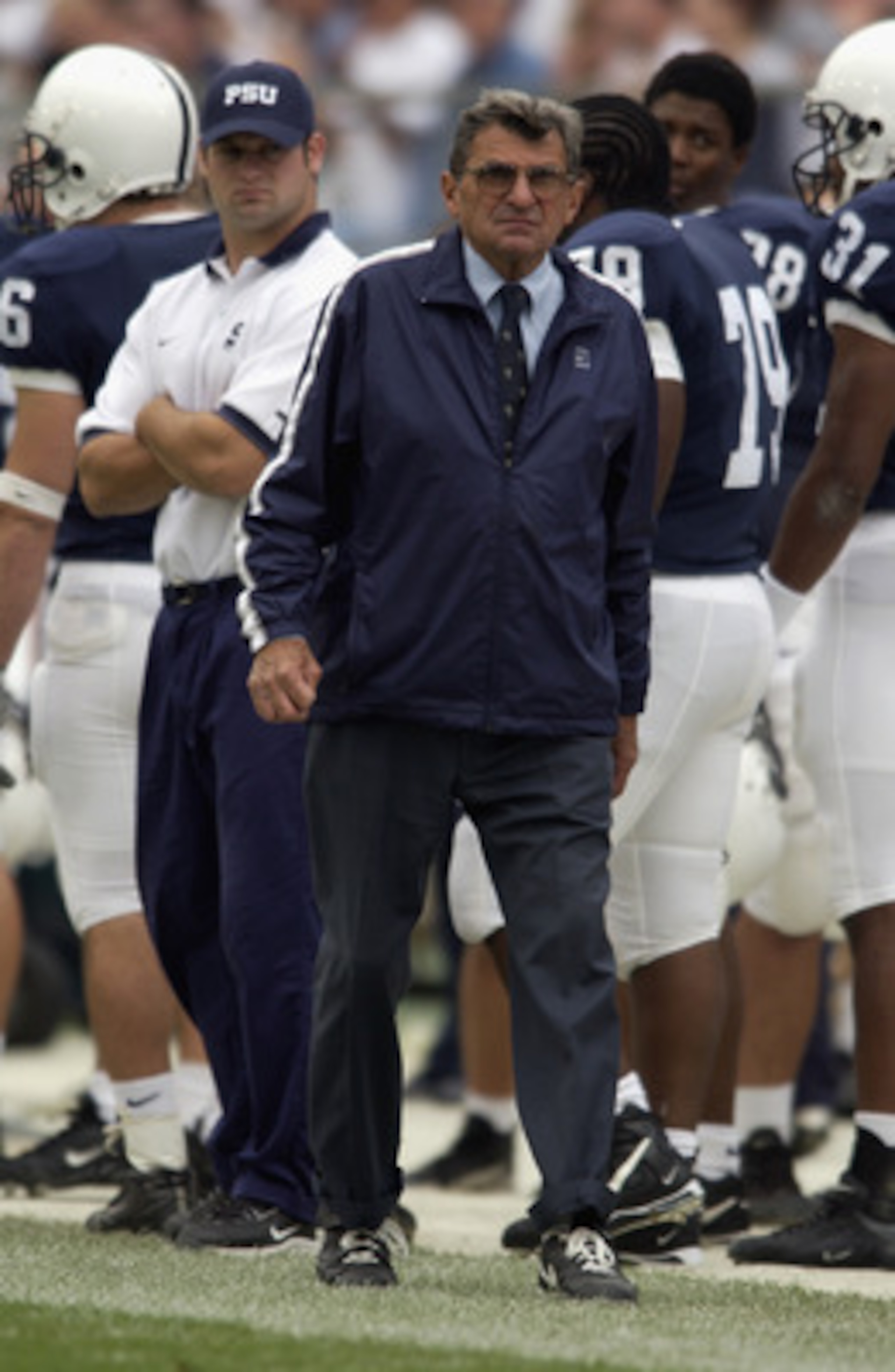 STATE COLLEGE, PA - SEPTEMBER 28:  Head coach Joe Paterno of the Penn State Nittany Lions walks on the sideline during the Big Ten Conference football game against the Iowa Hawkeyes on September 28, 2002 at Beaver Stadium in State College, Pennsylvania.