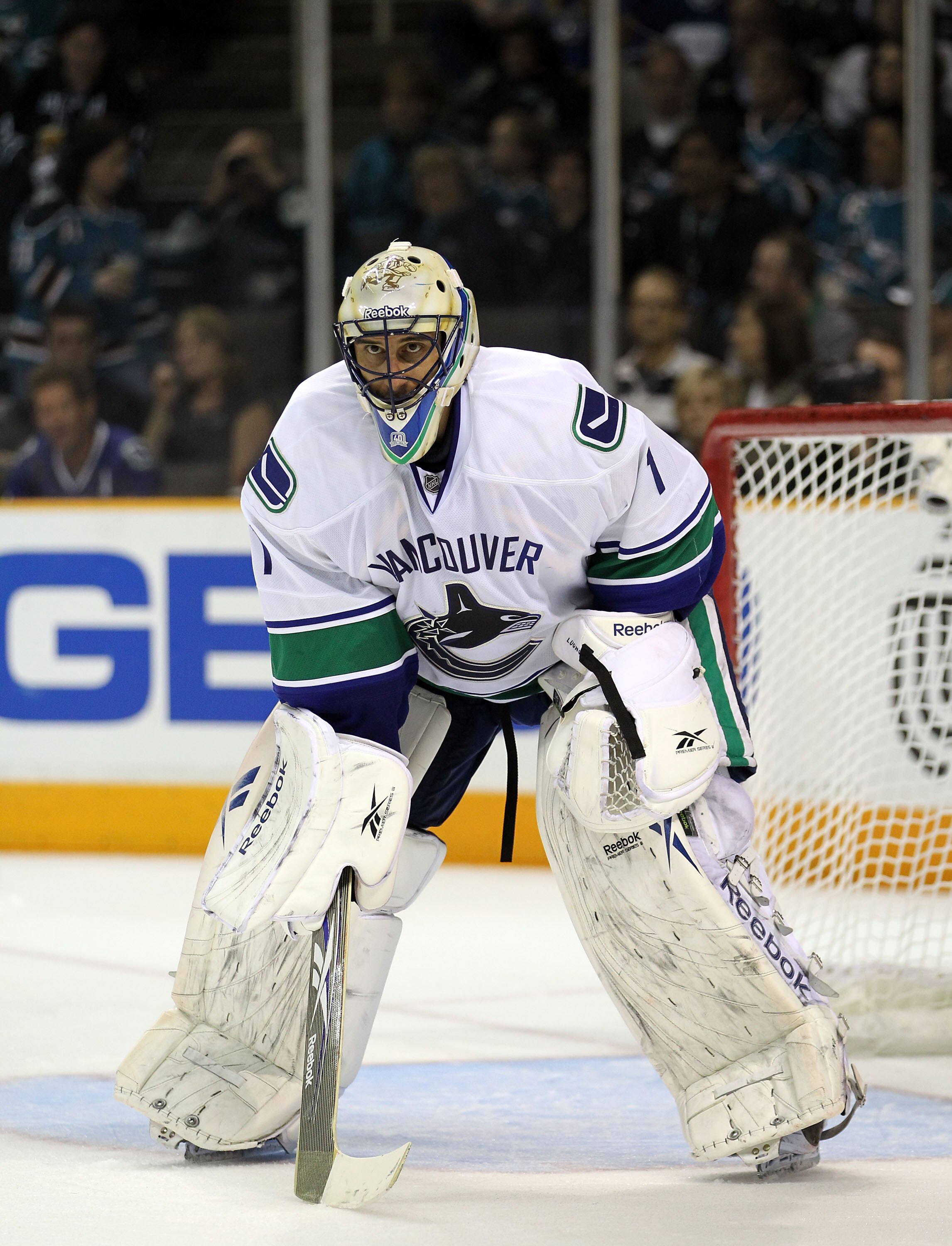 SAN JOSE, CA - MAY 22:  Goaltender Roberto Luongo #1 of the Vancouver Canucks faces the play during Game Four of the Western Conference Finals against the San Jose Sharks during the 2011 Stanley Cup Playoffs at HP Pavilion on May 22, 2011 in San Jose, Cal