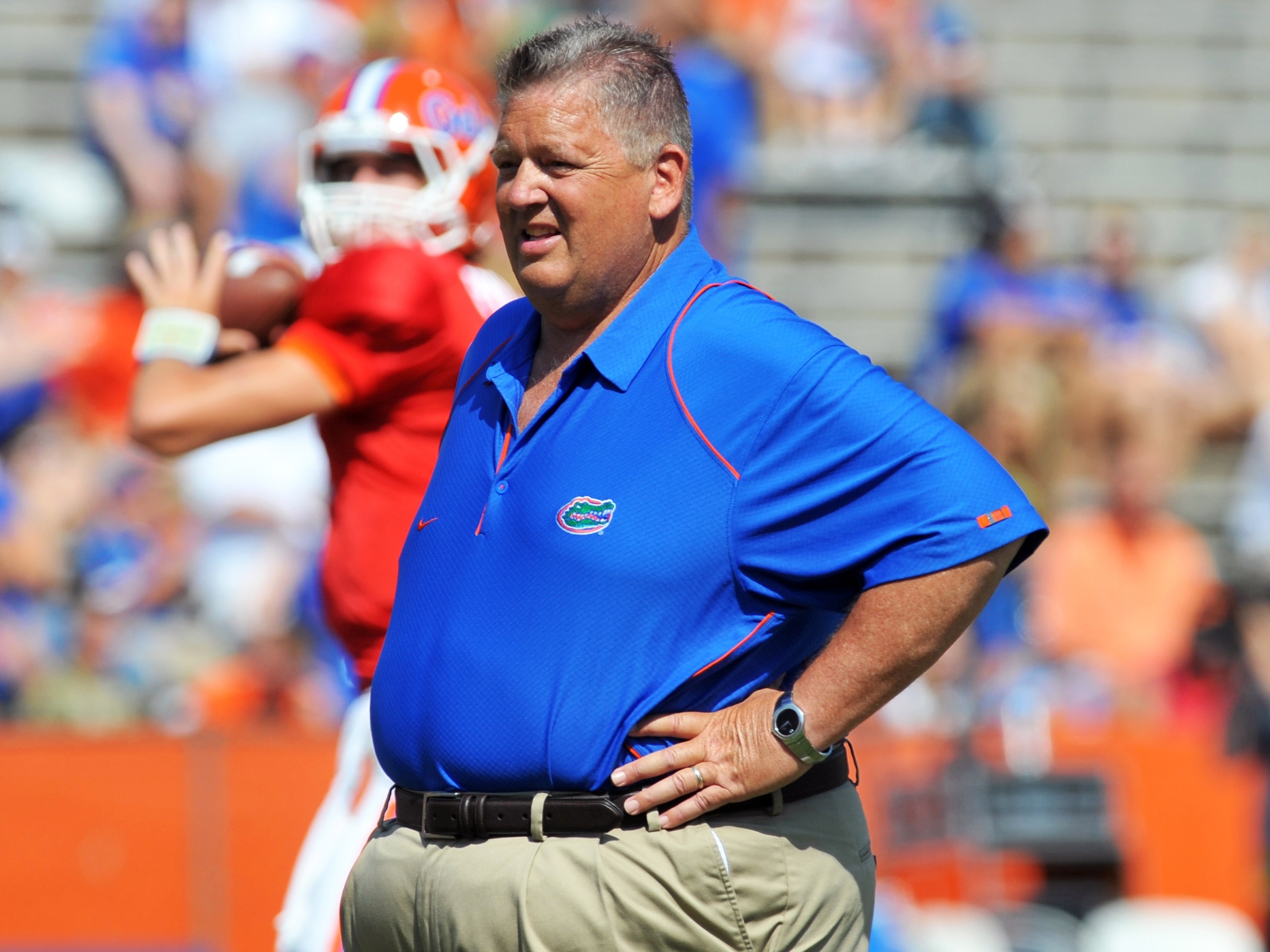 GAINESVILLE, FL - APRIL 9:  Offensive coordinator Charlie Weis of the Florida Gators directs play during the Orange and Blue spring football game April 9, 2010 Ben Hill Griffin Stadium in Gainesville, Florida.  (Photo by Al Messerschmidt/Getty Images)