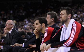 OAKLAND, CA - MARCH 25: Jose Calderon #8 of the Toronto Raptors sits on the bench during their loss to the Golden State Warriors at Oracle Arena on March 25, 2011 in Oakland, California. NOTE TO USER: User expressly acknowledges and agrees that, by downlo