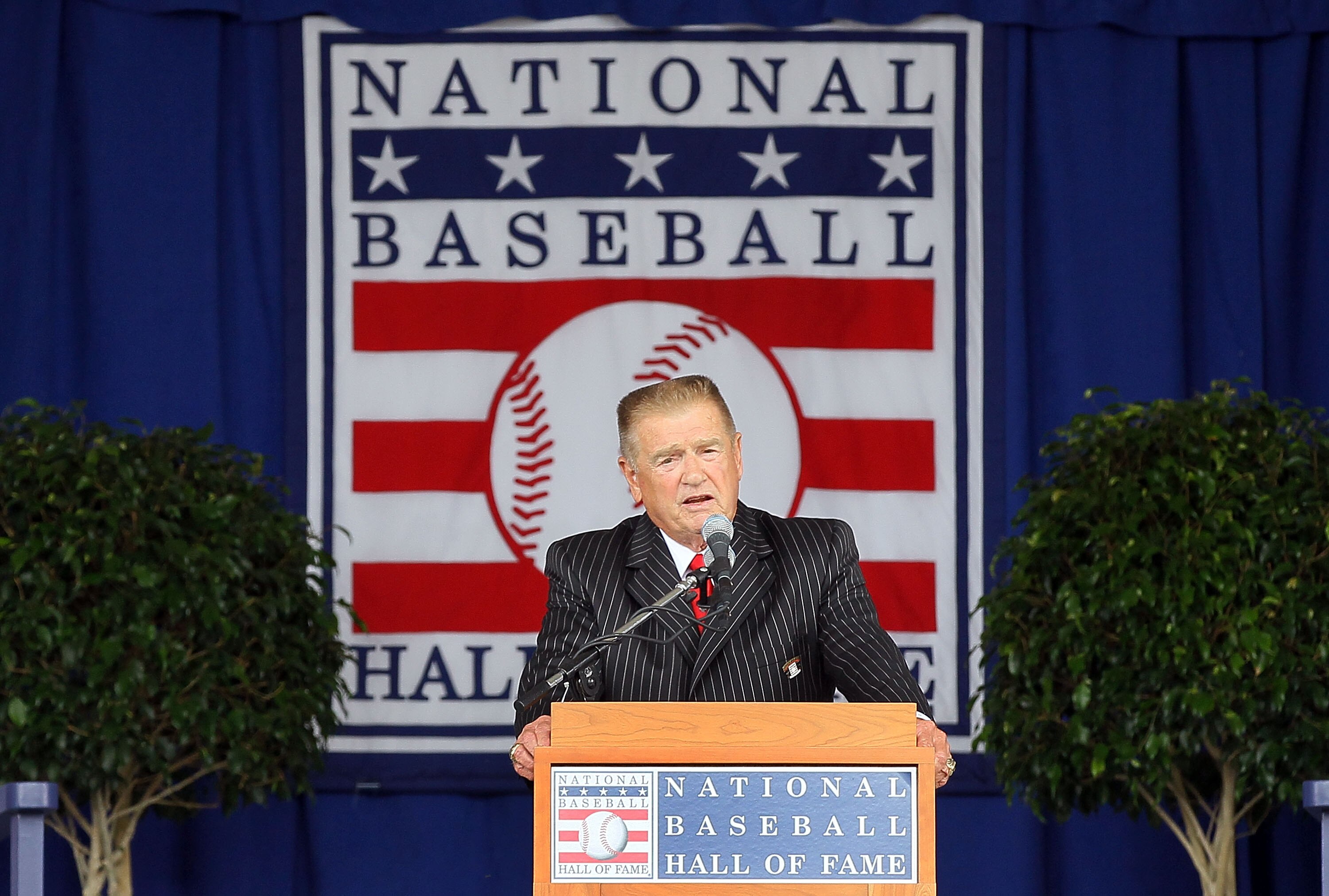 COOPERSTOWN, NY - JULY 25: The 2010 inductee Whitey Herzog gives his speech at Clark Sports Center during the Baseball Hall of Fame induction ceremony on July 25, 20010 in Cooperstown, New York. Herzog served as manager for four teams and finished his ca COOPERSTOWN, NY - JULY 25: The 2010 inductee Whitey Herzog gives his speech at Clark Sports Center during the Baseball Hall of Fame induction ceremony on July 25, 20010 in Cooperstown, New York. Herzog served as manager for four teams and finished his ca