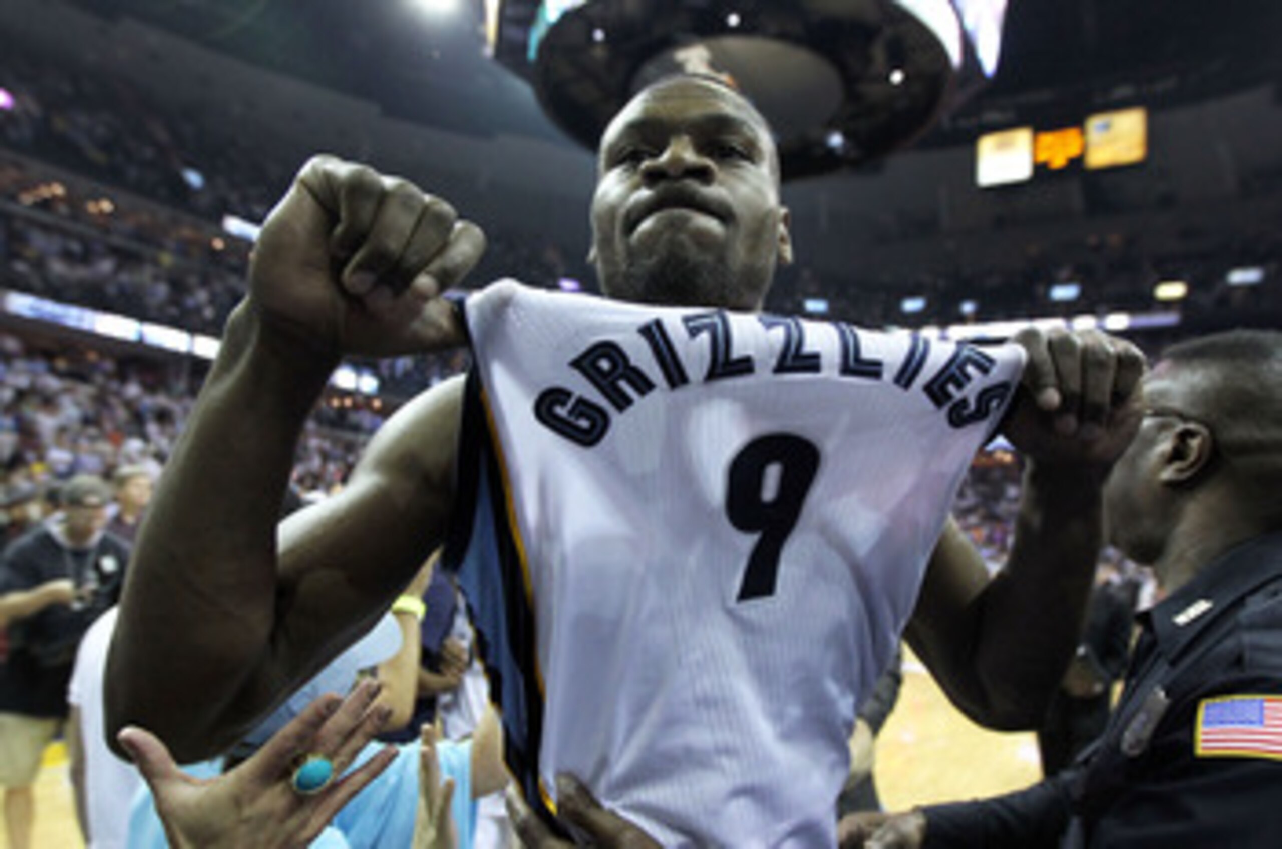 MEMPHIS, TN - APRIL 29: Tony Allen #9 of the Memphis Grizzlies celebrates after the Grizzlies beat the San Antonio Spurs 99-91 in Game Six of the Western Conference Quarterfinals in the 2011 NBA Playoffs at FedExForum on April 29, 2011 in Memphis, Tenness