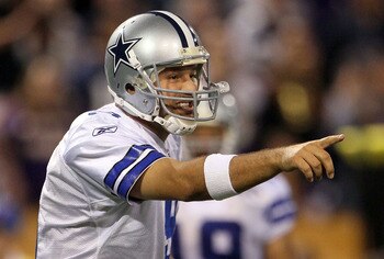 MINNEAPOLIS - OCTOBER 17:  Quarterback Tony Romo #9 of the Dallas Cowboys plays against the Minnesota Vikings at Mall of America Field on October 17, 2010 in Minneapolis, Minnesota.  (Photo by Jeff Gross/Getty Images)