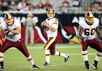 GLENDALE, AZ - SEPTEMBER 02:  Quarterback John Beck #3 of the Washington Redskins drops back to pass during the first quarter of the preseason NFL game against the Arizona Cardinals at the University of Phoenix Stadium on September 2, 2010 in Glendale, Ar
