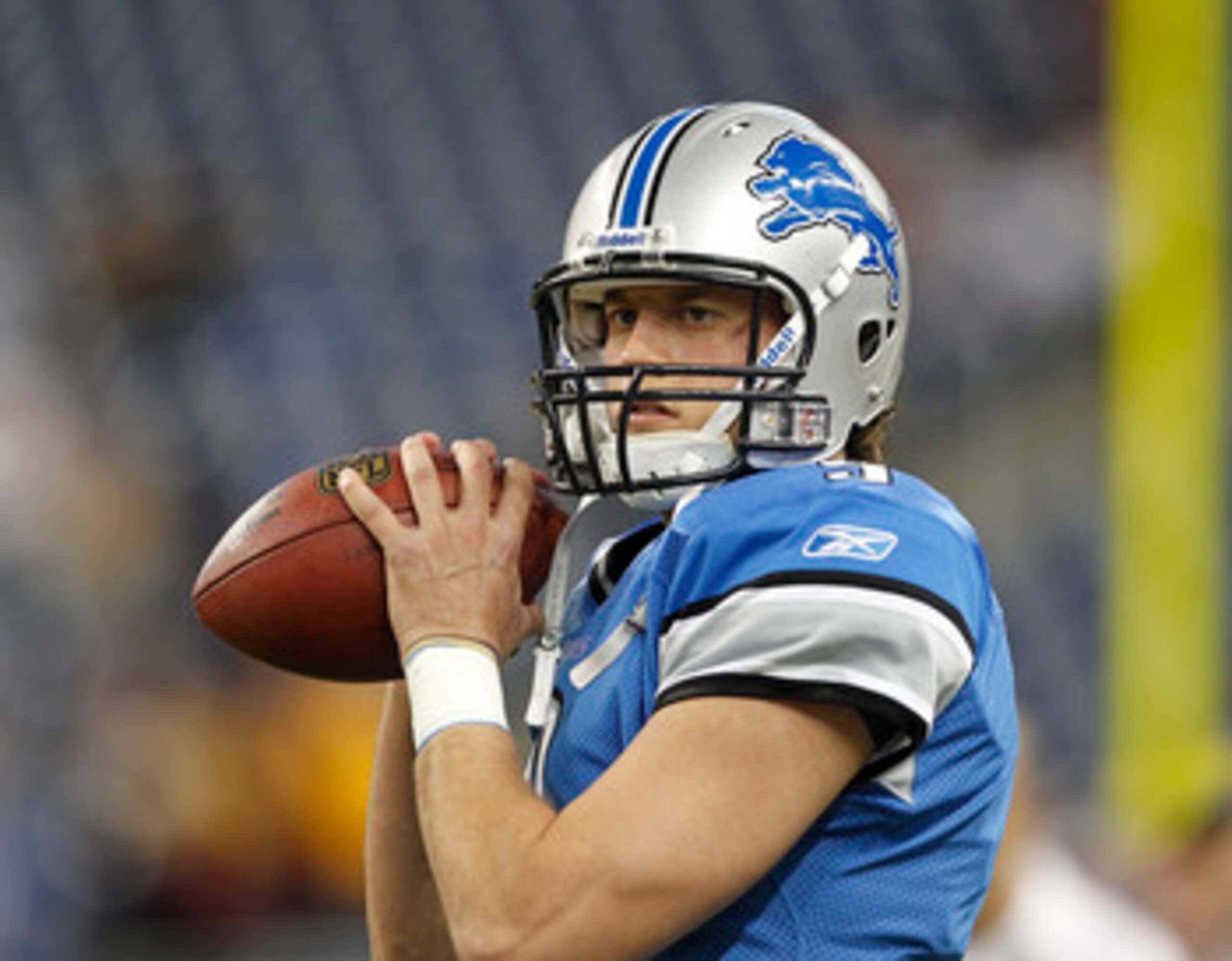 DETROIT - OCTOBER 31: Matthew Stafford #9 of the Detroit Lions warms up prior to the start of the game against the Washington Redskins at Ford Field on October 31, 2010 in Detroit, Michigan. (Photo by Leon Halip/Getty Images)