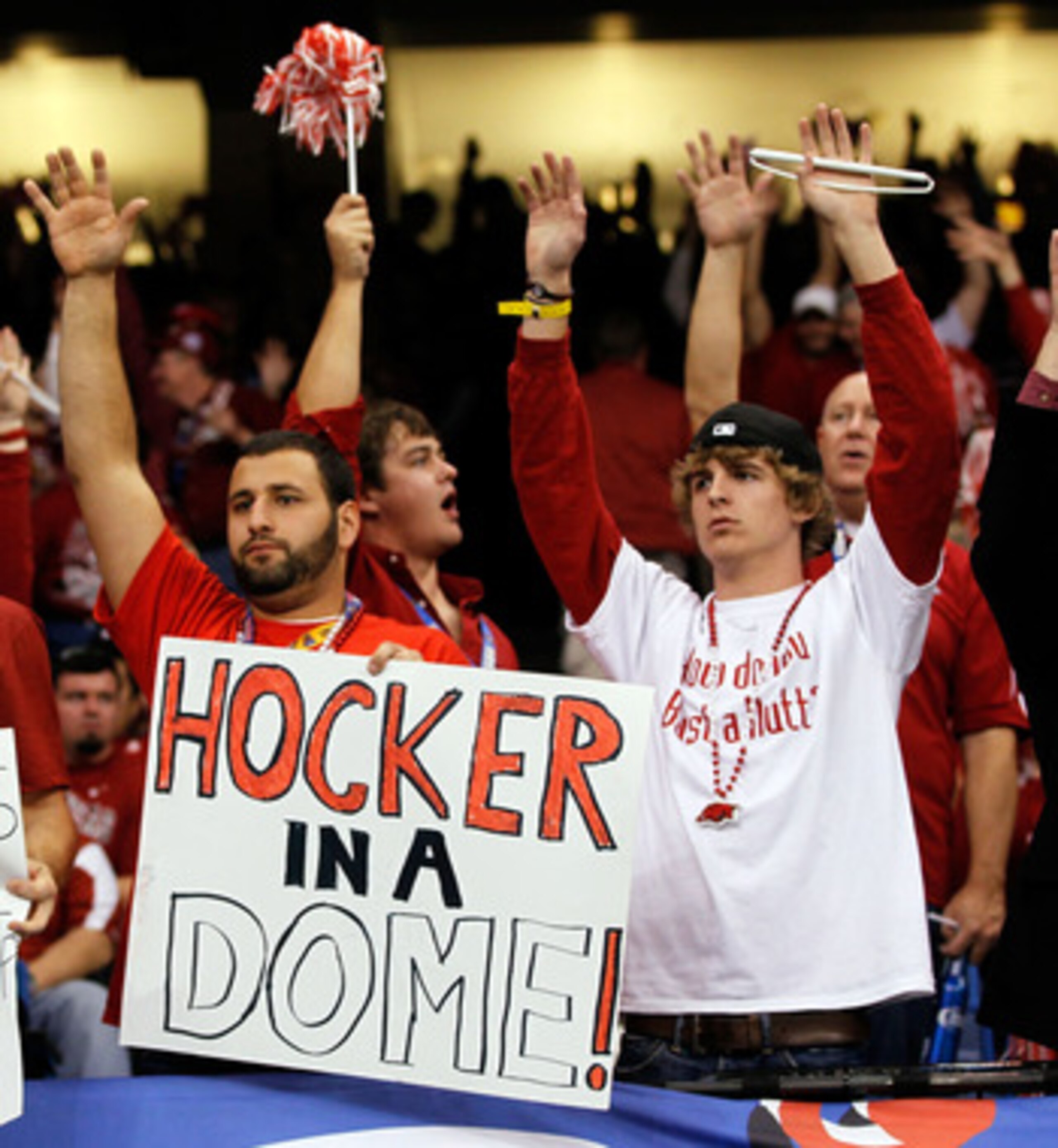 NEW ORLEANS, LA - JANUARY 04:  Arkansas Razorbacks fans cheer during the Allstate Sugar Bowl against the Ohio State Buckeyes at the Louisiana Superdome on January 4, 2011 in New Orleans, Louisiana.  (Photo by Kevin C. Cox/Getty Images)