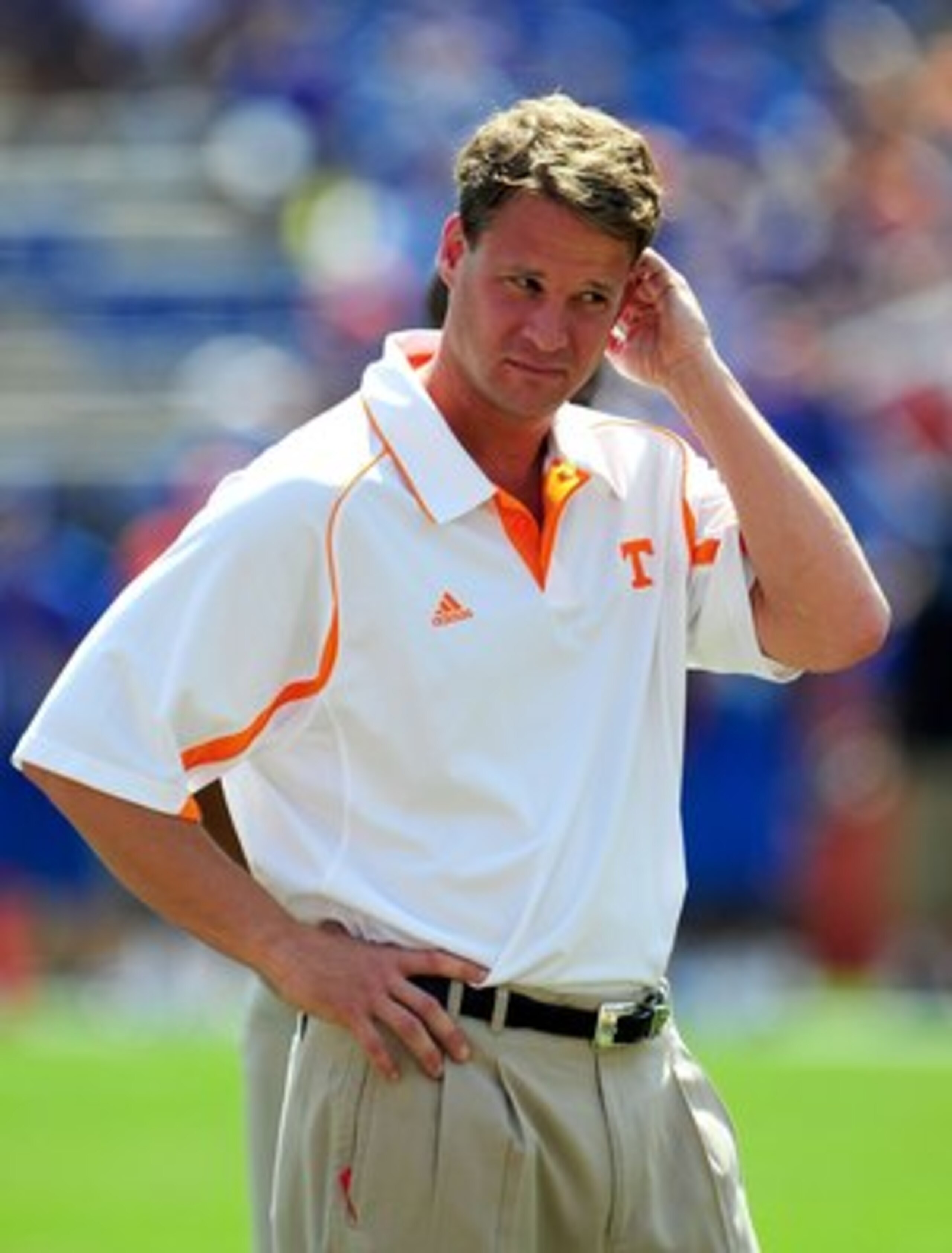 GAINESVILLE, FL - SEPTEMBER 19:  Head coach Lane Kiffin of the Tennessee Volunteers watches the action prior to the game against the Florida Gators at Ben Hill Griffin Stadium on September 19, 2009 in Gainesville, Florida.  (Photo by Sam Greenwood/Getty I