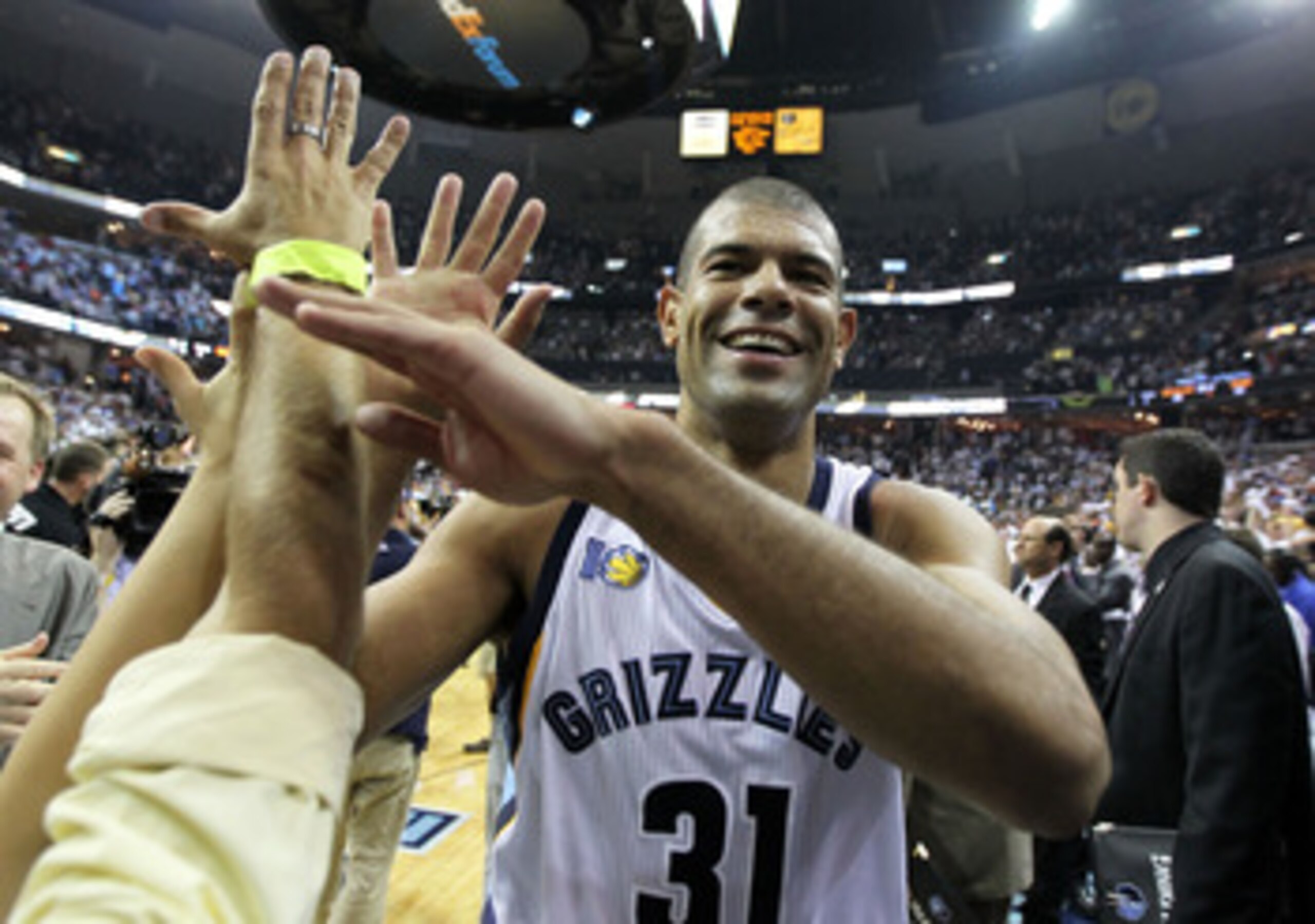 MEMPHIS, TN - APRIL 29: Shane Battier #31 of the Memphis Grizzlies celebrates after the Grizzlies beat the San Antonio Spurs 99-91 in Game Six of the Western Conference Quarterfinals in the 2011 NBA Playoffs at FedExForum on April 29, 2011 in Memphis, Ten