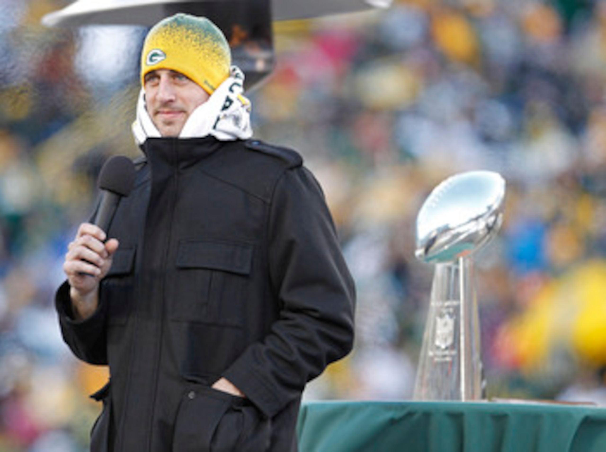 GREEN BAY, WI - FEBRUARY 08:  Green Bay Packers quarterback Aaron Rodgers addresses  the fans at Lambeau Field during the Packers victory ceremony on February 8, 2011 in Green Bay, Wisconsin.  (Photo by Matt Ludtke/Getty Images)