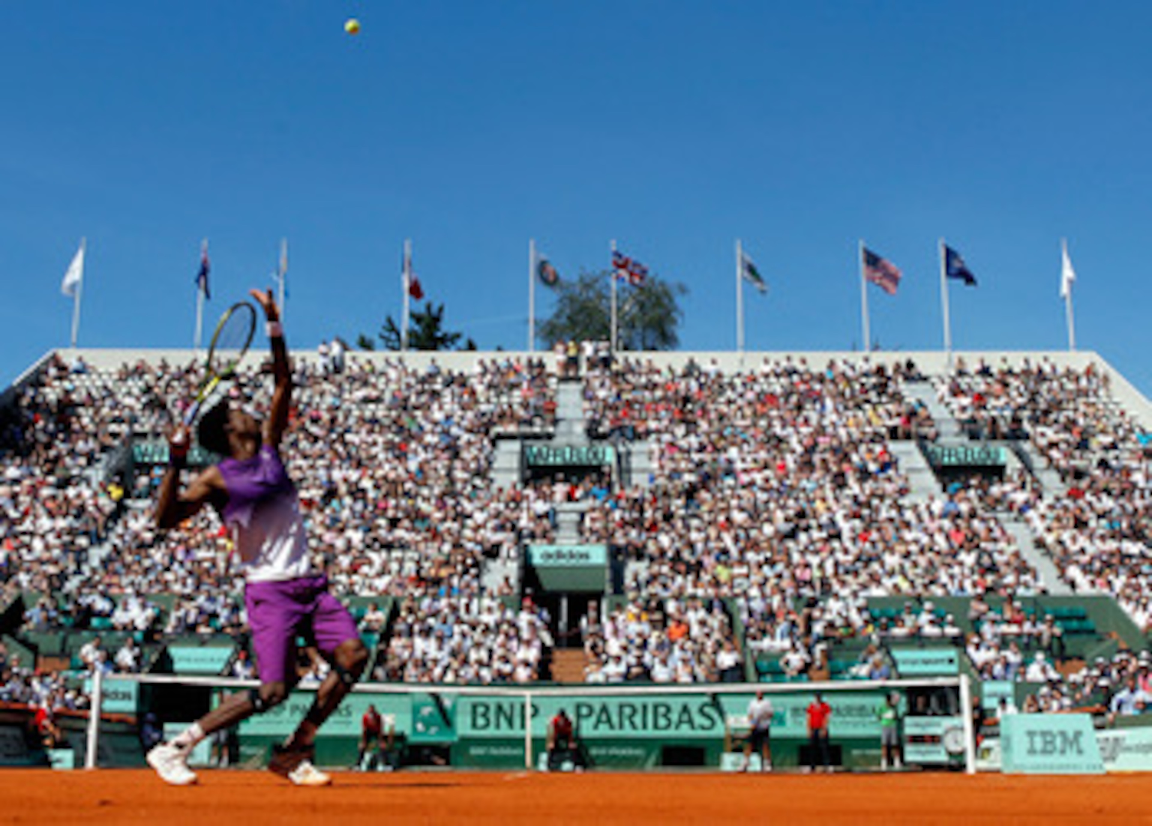 PARIS, FRANCE - MAY 23:  Gael Monfils of France serves during the men's singles first round match between Bjorn Phau of Germany and Gael Monfils of France on day two of the French Open at Roland Garros on May 23, 2011 in Paris, France.  (Photo by Matthew