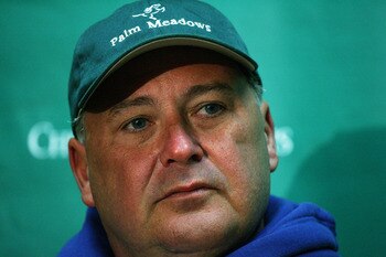 LOUISVILLE, KY - APRIL 29:  Rick Dutrow Jr. the trainer of Big Brown speaks with the media during the morning training for the Kentucky Derby on April 29, 2008 at Churchill Downs in Louisville, kentucky.  (Photo by Andy Lyons/Getty Images)