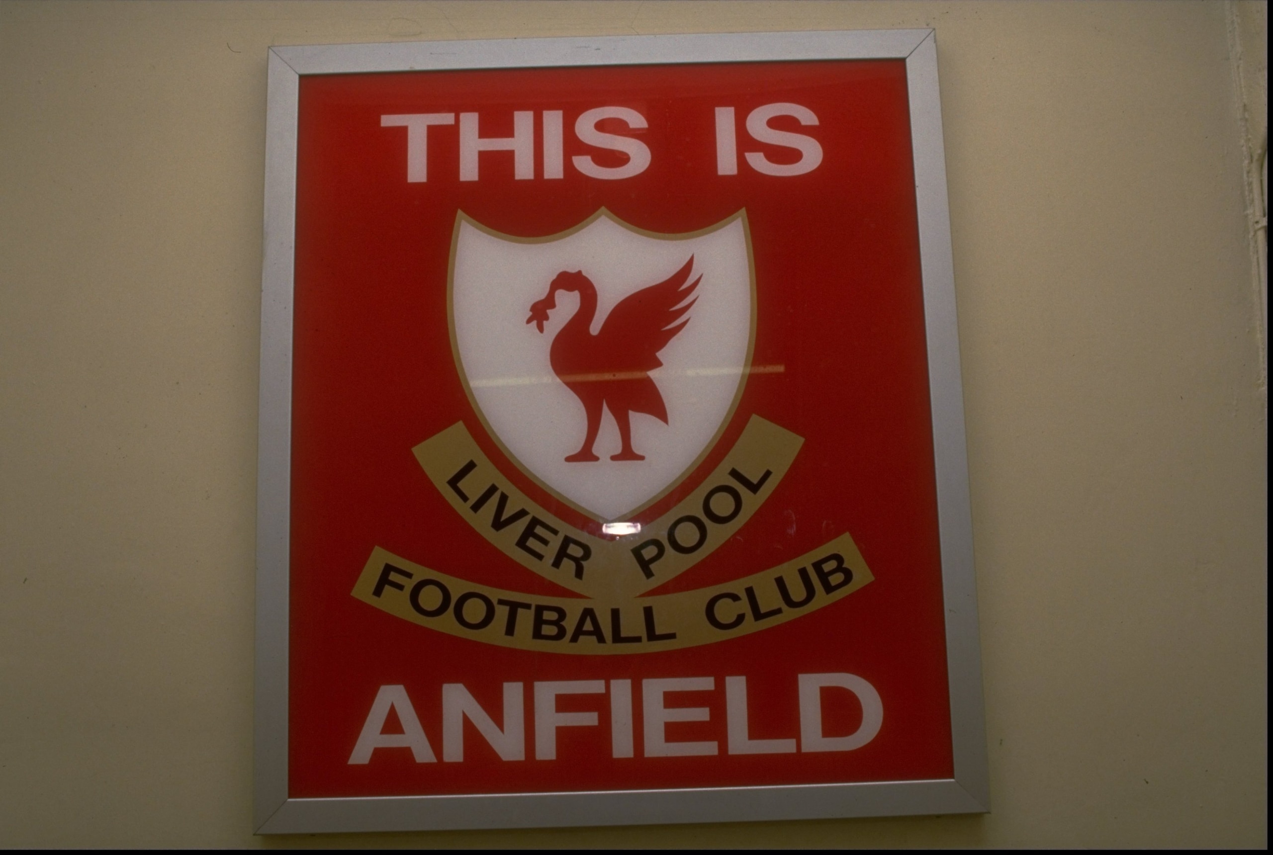 Sep 1989:  The famous This is Anfield sign in the tunnel at Anfield pictured before the match against Tottenham Hotspur at Anfield in Liverpool, England. Liverpool won the match 1-0. The Liverpool players touch the emblem for good luck before going on tot