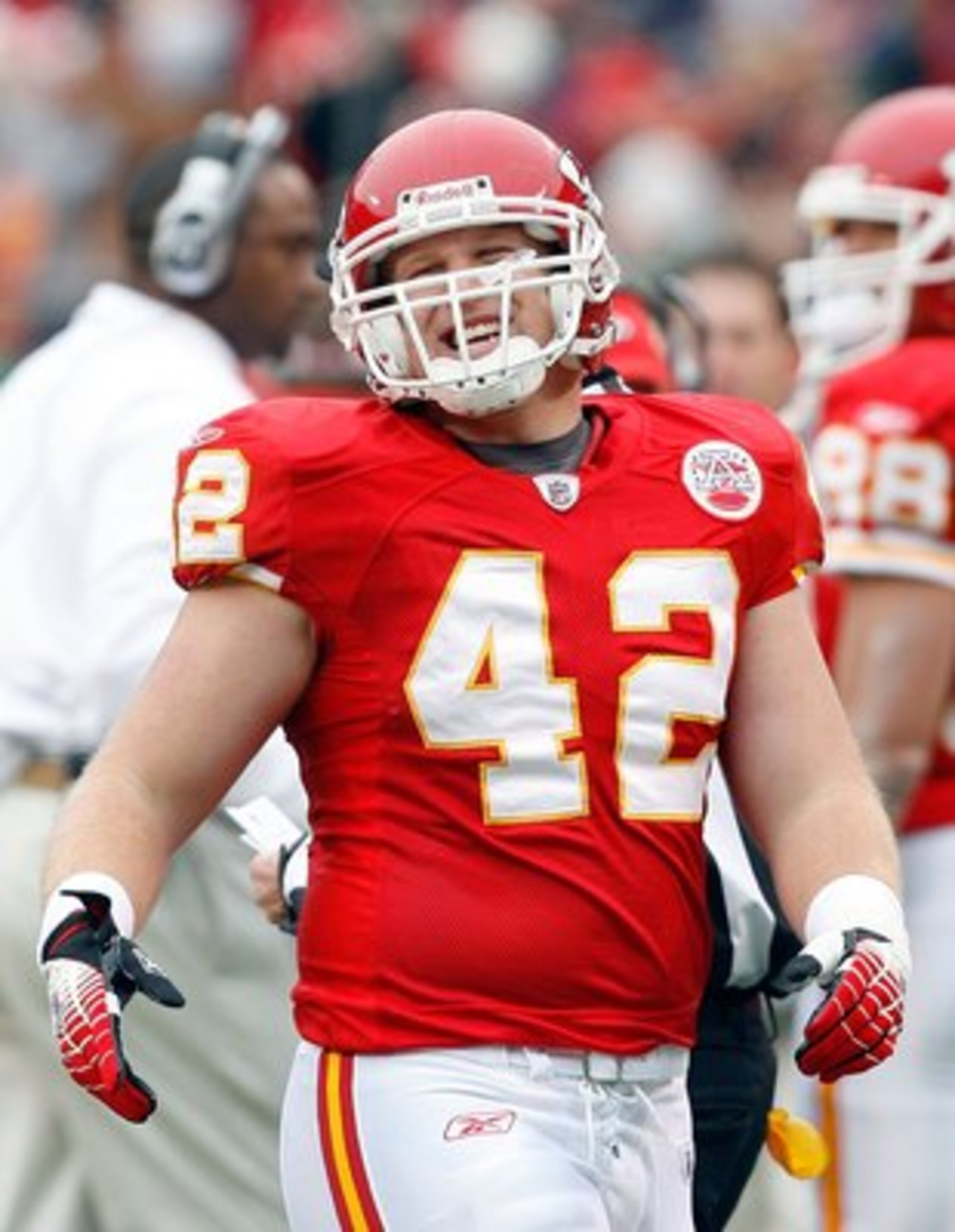KANSAS CITY, MO - DECEMBER 14:  Mike Cox #42 of the Kansas City Chiefs reacts to a touchdown determined by instant replay against the San Diego Chargers during the first half on December 14, 2008 at Arrowhead Stadium in Kansas City, Missouri.  (Photo by H