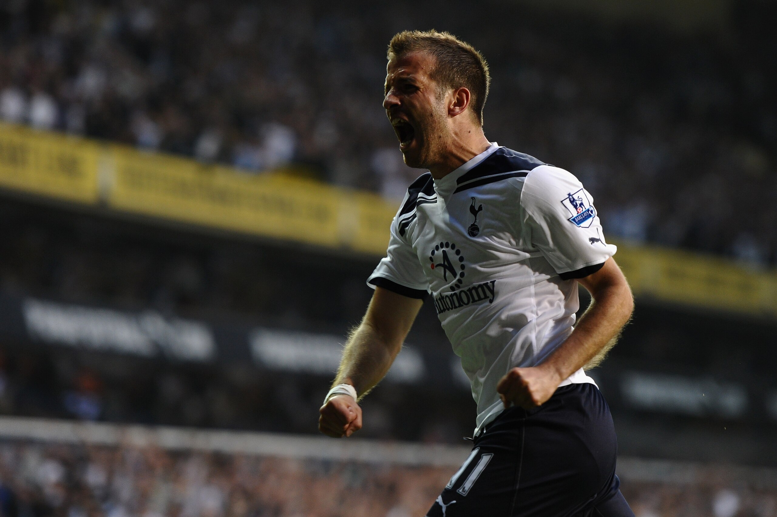 LONDON, ENGLAND - APRIL 20:  Rafael Van der Vaart of Spurs celebrates scoring their first goal during the Barclays Premier League match between Tottenham Hotspur and Arsenal at White Hart Lane on April 20, 2011 in London, England.  (Photo by Laurence Grif