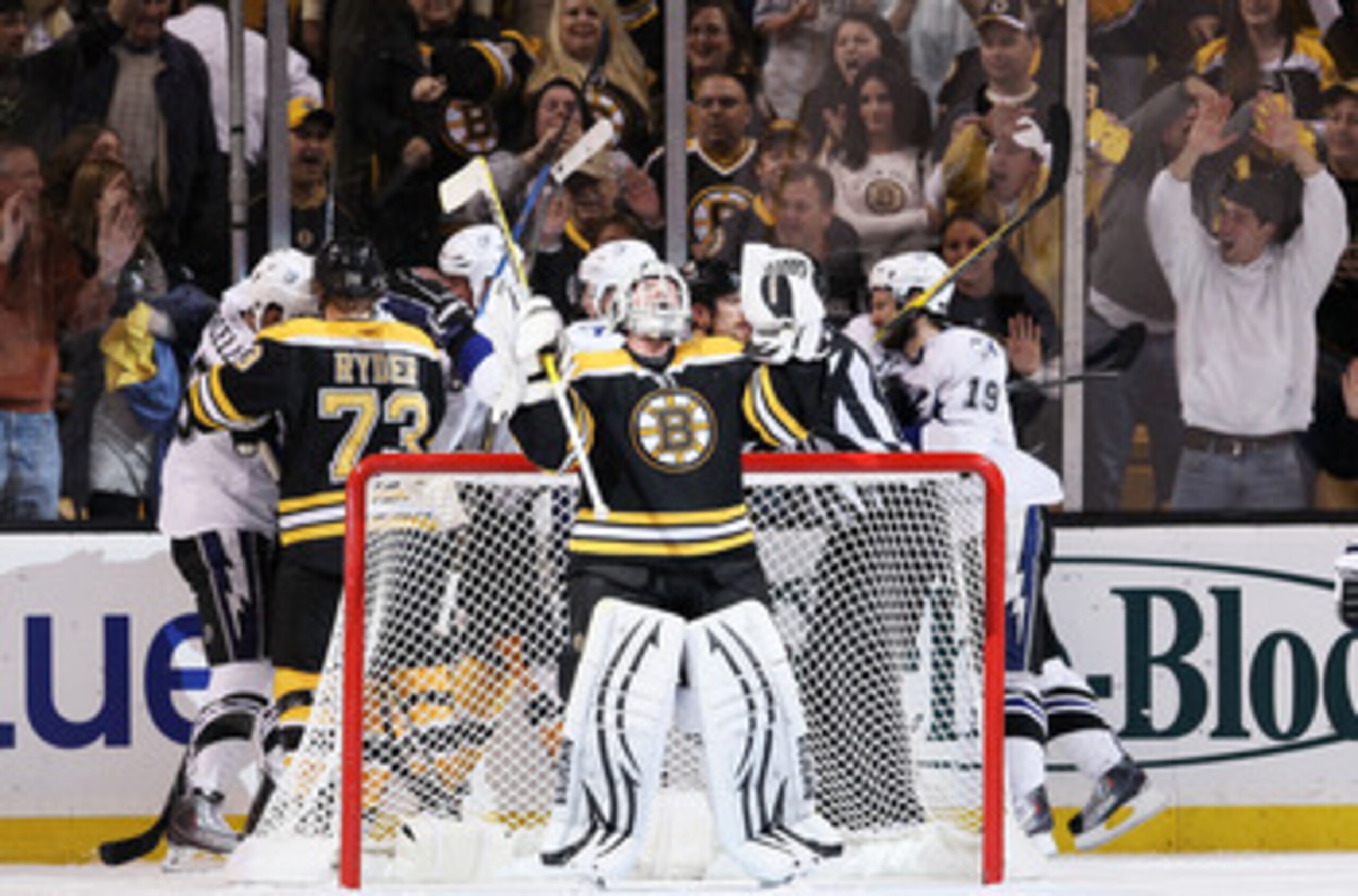 BOSTON, MA - MAY 23:  Tim Thomas #30 of the Boston Bruins celebrates after their 3 to 1 victory over the Tampa Bay Lightning in Game Five of the Eastern Conference Finals during the 2011 NHL Stanley Cup Playoffs at TD Garden on May 23, 2011 in Boston, Mas