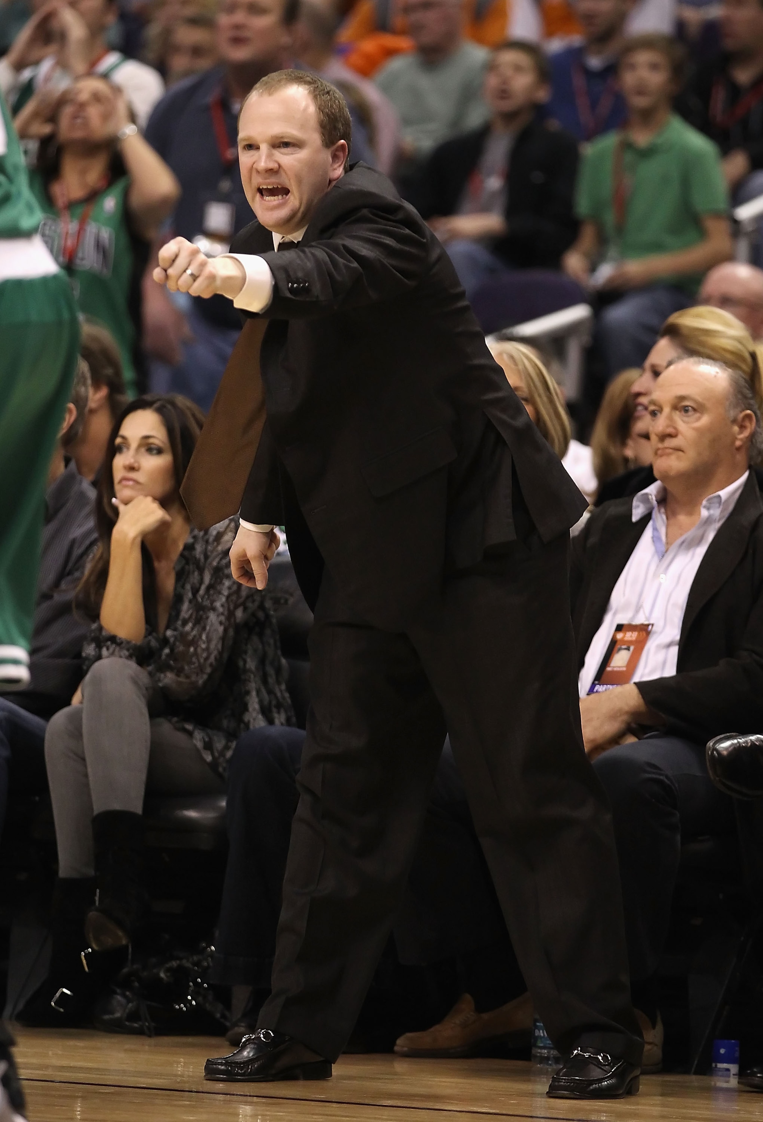 PHOENIX, AZ - JANUARY 28:  Assistant coach Lawrence Frank of the Boston Celtics reacts during the NBA game against the Phoenix Suns at US Airways Center on January 28, 2011 in Phoenix, Arizona. The Suns defeated the Celtics 88-71. NOTE TO USER: User expre