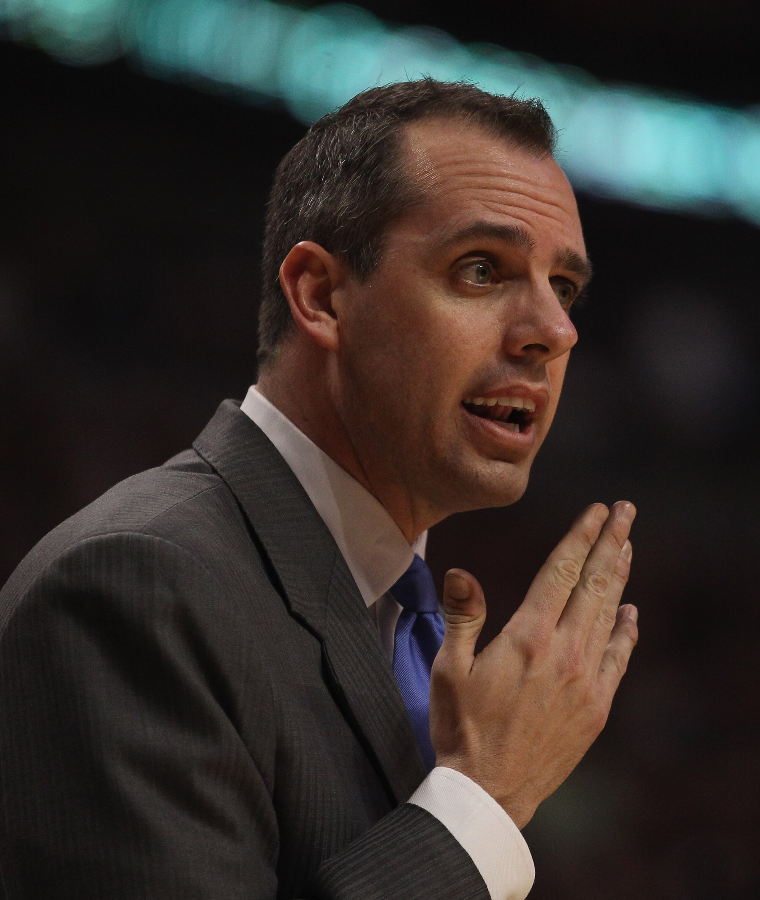 CHICAGO, IL - APRIL 18: Head coach Frank Vogel of the Indiana Pacers talks to a referee in Game Two of the Eastern Conference Quarterfinals in the 2011 NBA Playoffs against the Chicago Bulls at the United Center on April 18, 2011 in Chicago, Illinois. NOT