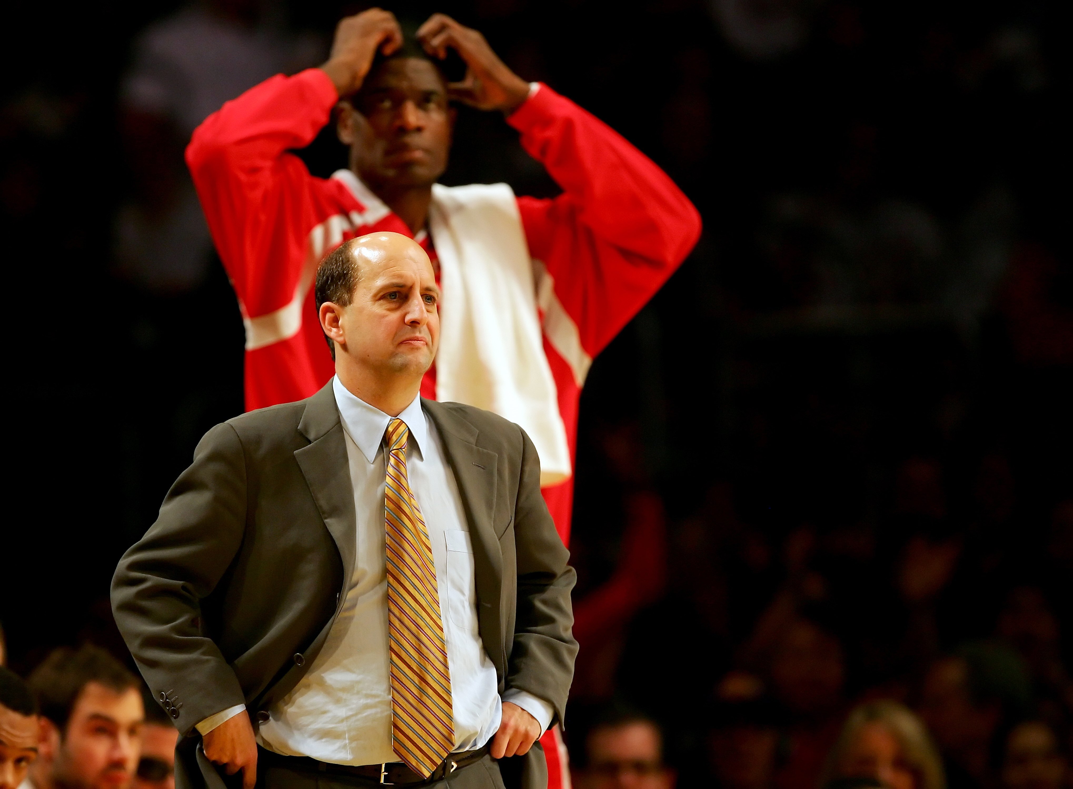 LOS ANGELES - DECEMBER 15:  Head coach Jeff Van Gundy of the Houston Rockets looks on during the game against the Los Angeles Lakers on December 15, 2006 at Staples Center in Los Angeles, California. The Lakers won 112-101. NOTE TO USER: User expressly ac