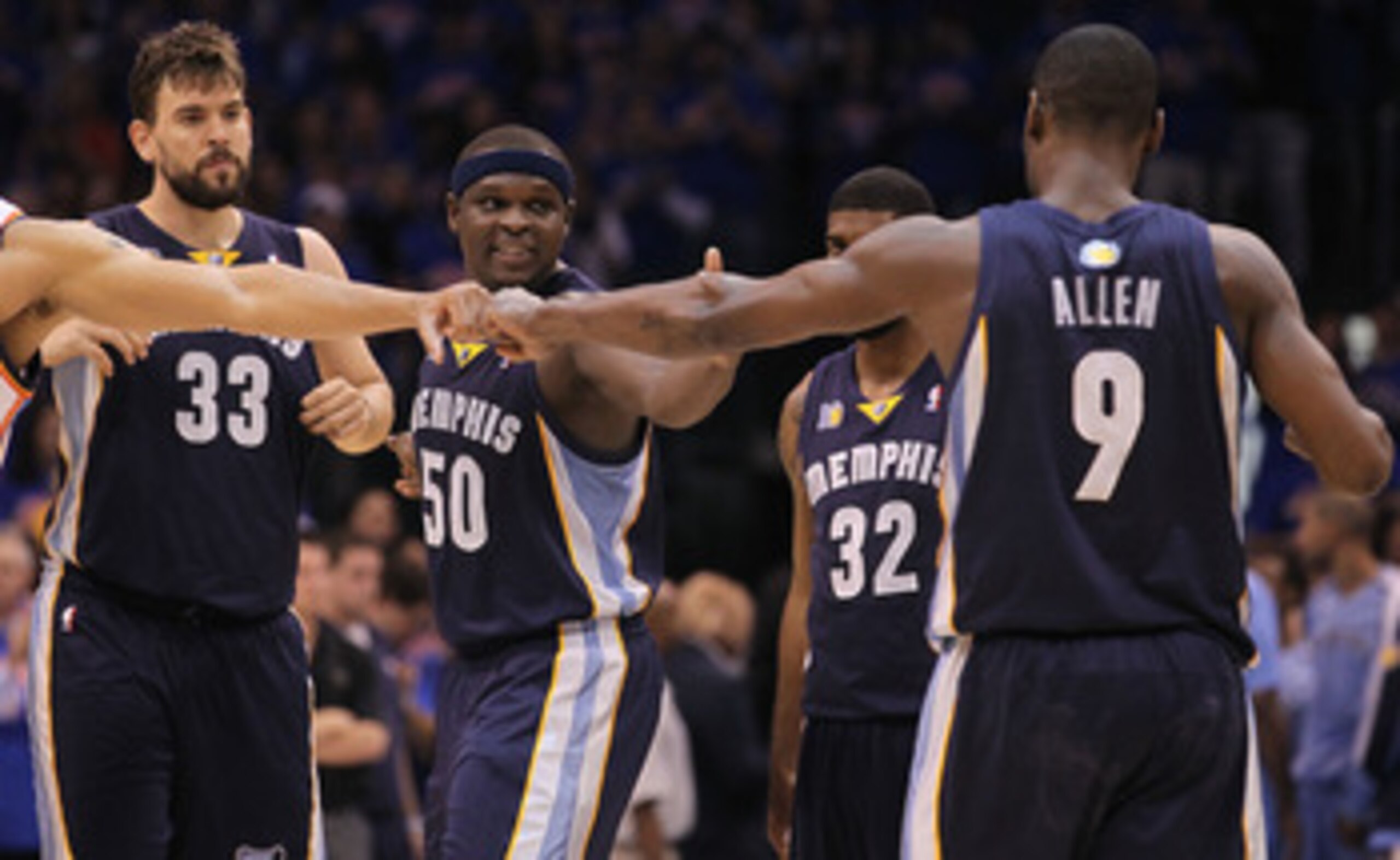 OKLAHOMA CITY, OK - MAY 15:  (L-R) Marc Gasol #33, Zach Randolph #50, O.J. Mayo #32 and Tony Allen #9 of the Memphis Grizzlies before play against the Oklahoma City Thunder in Game Seven of the Western Conference Semifinals in the 2011 NBA Playoffs on May