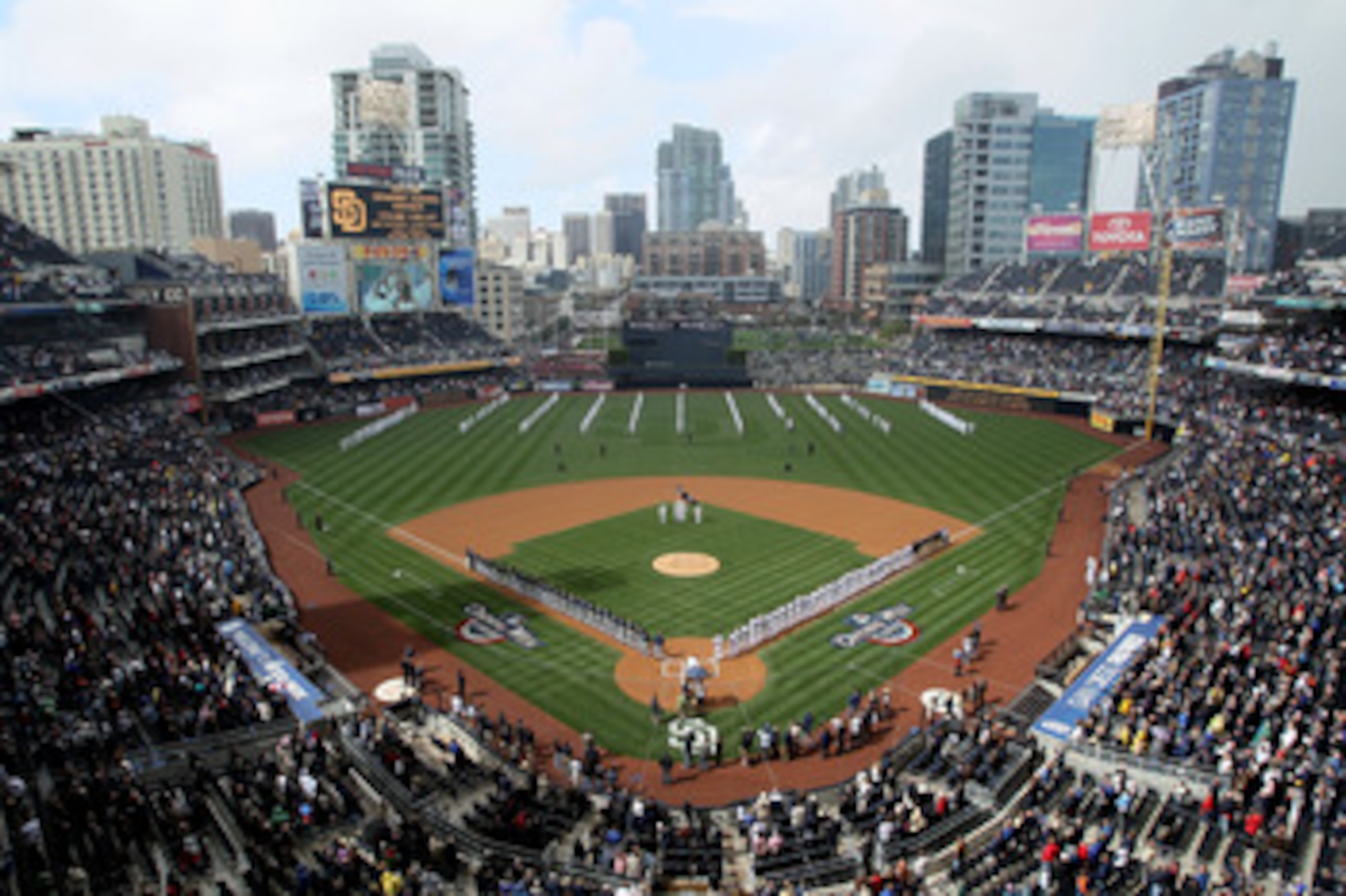 SAN DIEGO - APRIL 12: Players stand on the field during the natioinal anthem before the game between the Atlanta Braves and the San Diego Padres on April 12, 2010 at Petco Park in San Diego, California. (Photo by Stephen Dunn/Getty Images) SAN DIEGO - APRIL 12: Players stand on the field during the natioinal anthem before the game between the Atlanta Braves and the San Diego Padres on April 12, 2010 at Petco Park in San Diego, California. (Photo by Stephen Dunn/Getty Images)