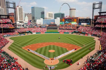 ST. LOUIS, MO - MARCH 31: Members of the St. Louis Cardinals and San Diego Padres line up for the National Anthem on opening day at Busch Stadium on March 31, 2011 in St. Louis, Missouri. (Photo by Dilip Vishwanat/Getty Images) ST. LOUIS, MO - MARCH 31: Members of the St. Louis Cardinals and San Diego Padres line up for the National Anthem on opening day at Busch Stadium on March 31, 2011 in St. Louis, Missouri. (Photo by Dilip Vishwanat/Getty Images)
