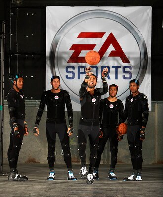 BURNABY, CANADA - JULY 29: In this photo provided by Electronic Arts, Tony Parker (C) of the San Antonio Spurs makes a free-throw as NBA players Andre Iguodala (L), Andrea Bargnani (2nd-L), Brandon Roy (2nd-R) and Rudy Gay (R) look on during a motion capt