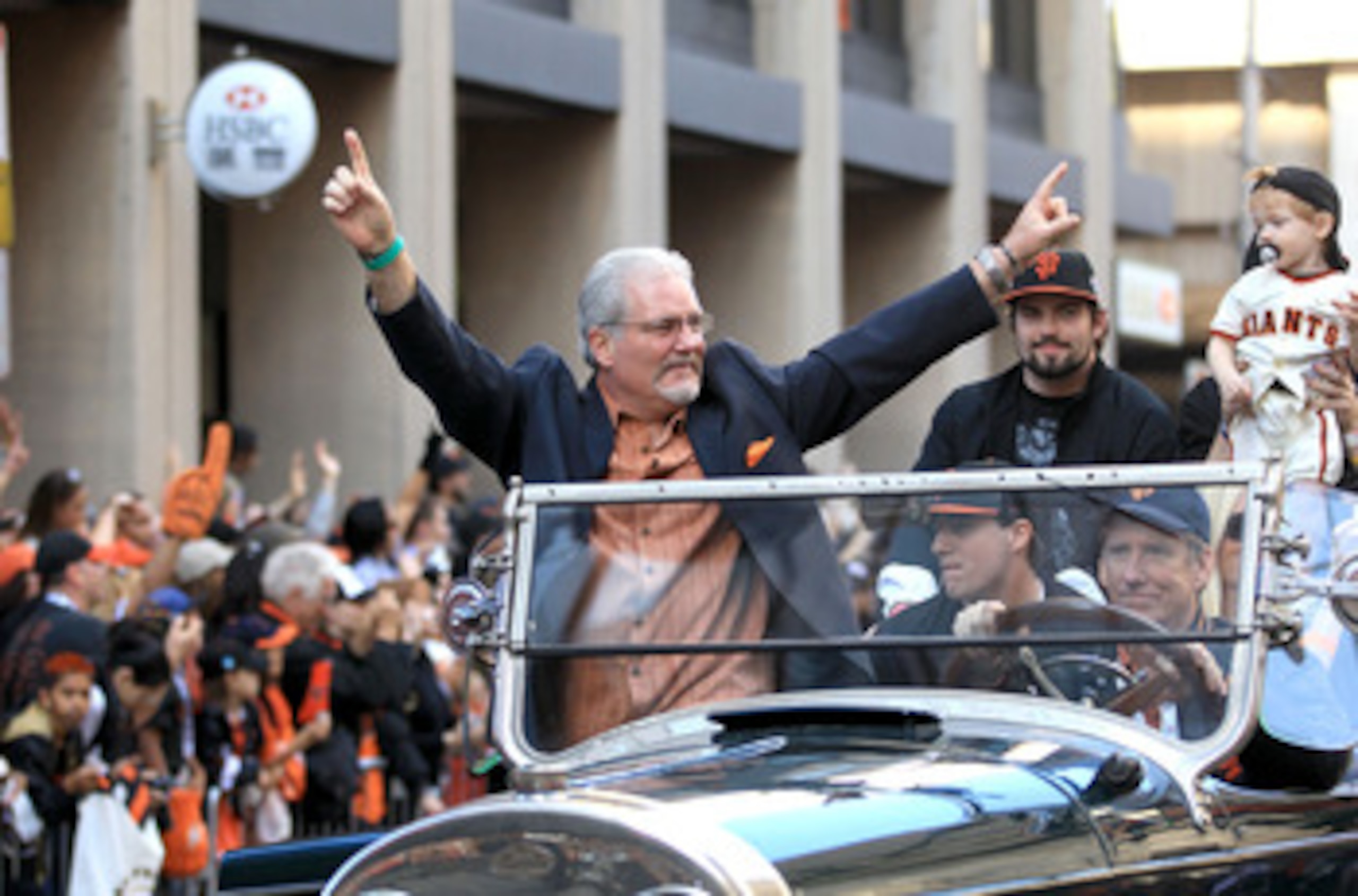 SAN FRANCISCO - NOVEMBER 03:  General Manager Brian Sabean of the San Francisco Giants waves to the crowd during the San Francisco Giants victory parade on November 3, 2010 in San Francisco, California.  (Photo by Ezra Shaw/Getty Images)