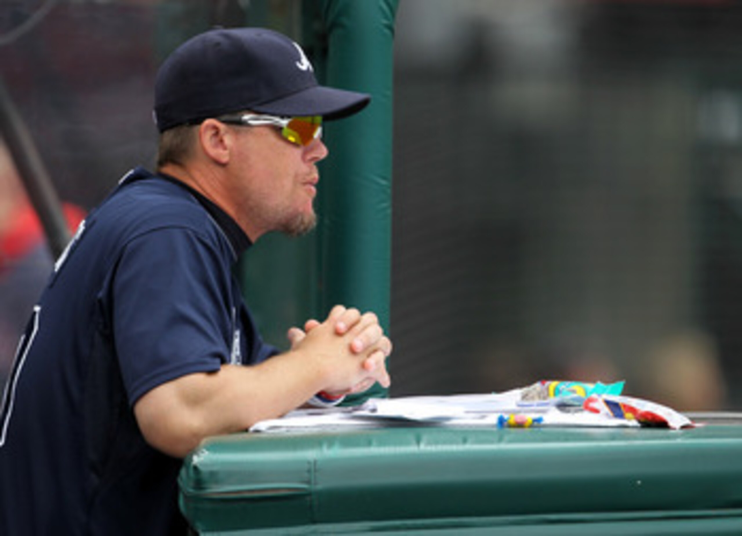 ANAHEIM, CA - MAY 22:  Chipper Jones #10 of the Atlanta Braves watches from the dugout during the game with the Los Angeles Angels of Anaheim on May 22, 2011 at Angel Stadium in Anaheim, California.   The Angels won 4-1.  (Photo by Stephen Dunn/Getty Imag