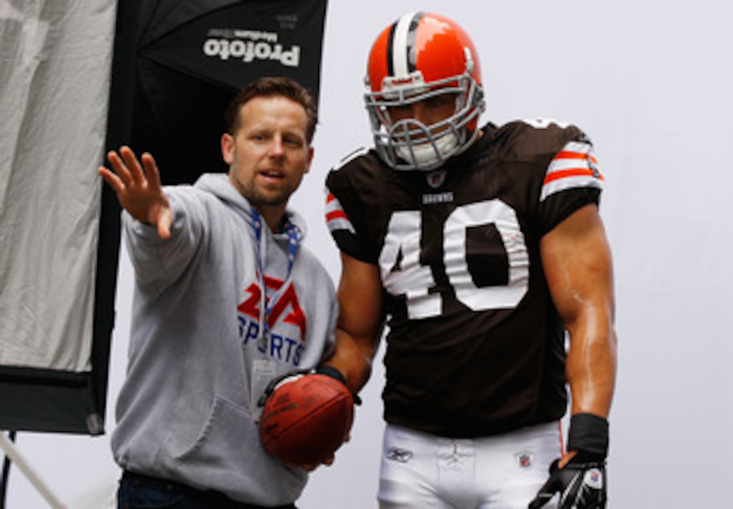 NEW YORK - APRIL 28: Peyton Hillis #40 of the Cleveland Browns participates in a photo shoot for the cover of EA Sports Madden NFL 12 on April 28, 2011 in Time Square, New York City (Photo by Mike Stobe/Getty Images for EA Sports) NEW YORK - APRIL 28: Peyton Hillis #40 of the Cleveland Browns participates in a photo shoot for the cover of EA Sports Madden NFL 12 on April 28, 2011 in Time Square, New York City (Photo by Mike Stobe/Getty Images for EA Sports)