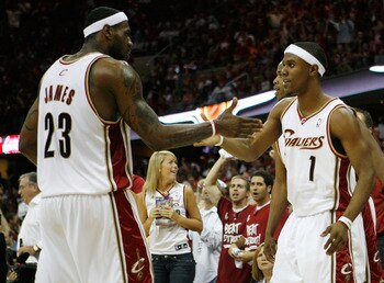 CLEVELAND - JUNE 02: Daniel Gibson #1 and LeBron James #23 of the Cleveland Cavaliers react after Gibson was fouled as he missed a 3-point field goal attempt against the Detroit Pistons in Game Six of the Eastern Conference Finals during the 2007 NBA Pla CLEVELAND - JUNE 02: Daniel Gibson #1 and LeBron James #23 of the Cleveland Cavaliers react after Gibson was fouled as he missed a 3-point field goal attempt against the Detroit Pistons in Game Six of the Eastern Conference Finals during the 2007 NBA Pla