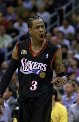 6 Jun 2001: Allen Iverson #3 of the Philadelphia 76ers celebrates during Game 1 of the NBA Finals against the Los Angeles Lakers at Staples Center in Los Angeles, California. DIGITAL IMAGE Mandatory Credit: Jed Jacobsohn/ALLSPORT NOTE TO USER: It is exp 6 Jun 2001: Allen Iverson #3 of the Philadelphia 76ers celebrates during Game 1 of the NBA Finals against the Los Angeles Lakers at Staples Center in Los Angeles, California. DIGITAL IMAGE Mandatory Credit: Jed Jacobsohn/ALLSPORT NOTE TO USER: It is exp