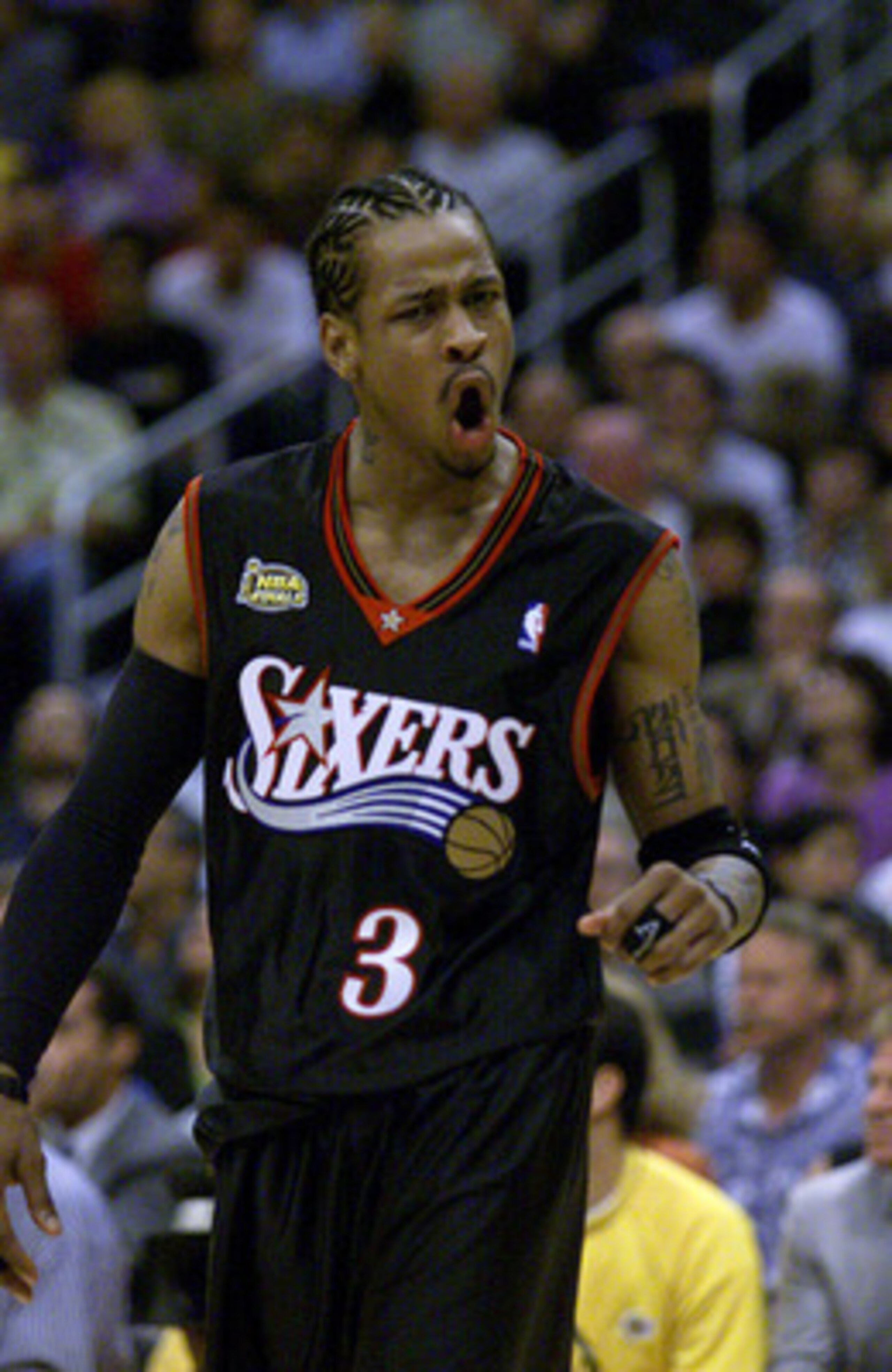 6 Jun 2001:  Allen Iverson #3 of the Philadelphia 76ers celebrates during Game 1 of the NBA Finals against the Los Angeles Lakers at Staples Center in Los Angeles, California.  DIGITAL IMAGE Mandatory Credit: Jed Jacobsohn/ALLSPORT NOTE TO USER: It is exp