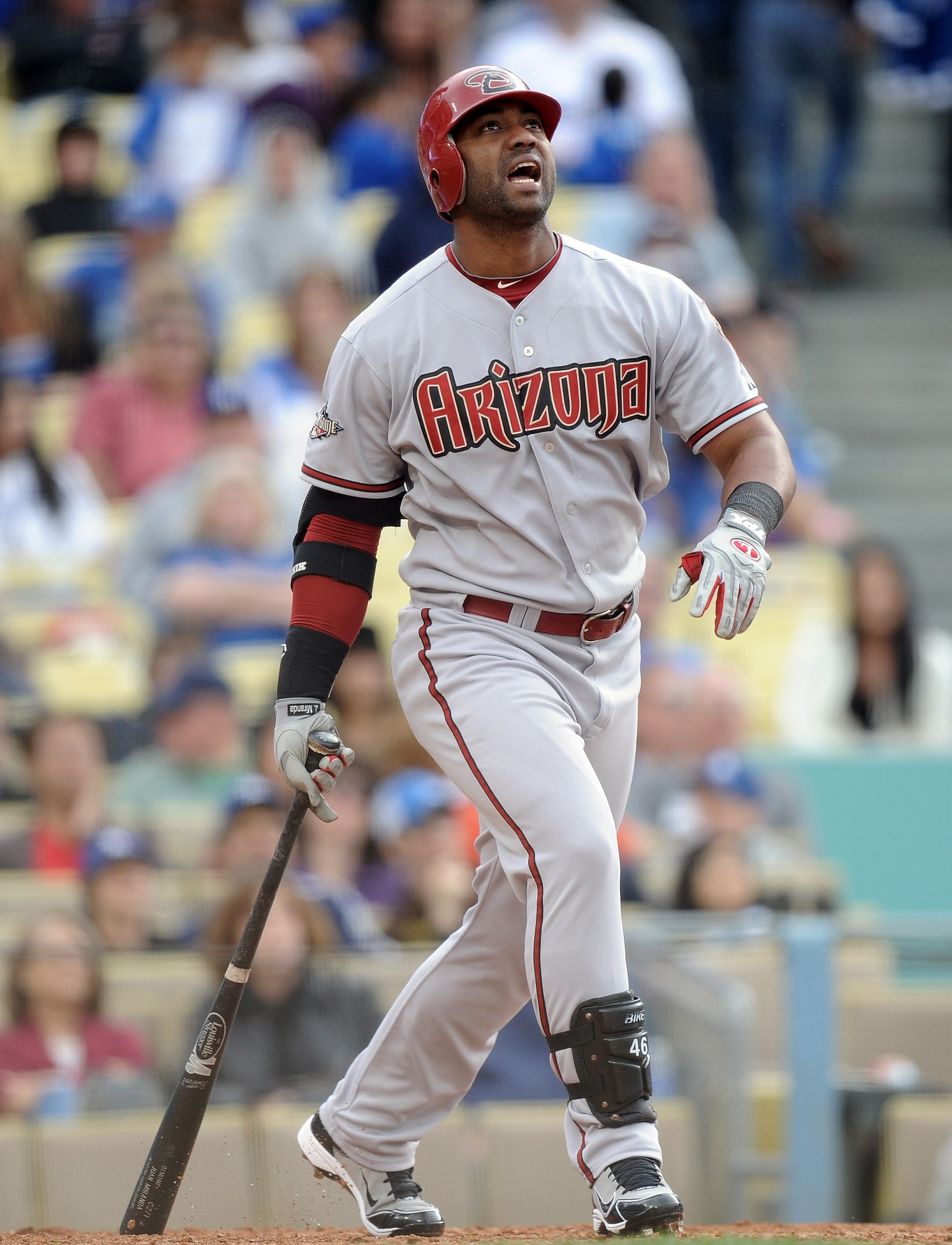 LOS ANGELES, CA - MAY 14:  Juan Miranda #46 of the Arizona Diamondbacks reacts to his strikeout against the Los Angeles Dodgers at Dodger Stadium on May 14, 2011 in Los Angeles, California.  (Photo by Harry How/Getty Images)
