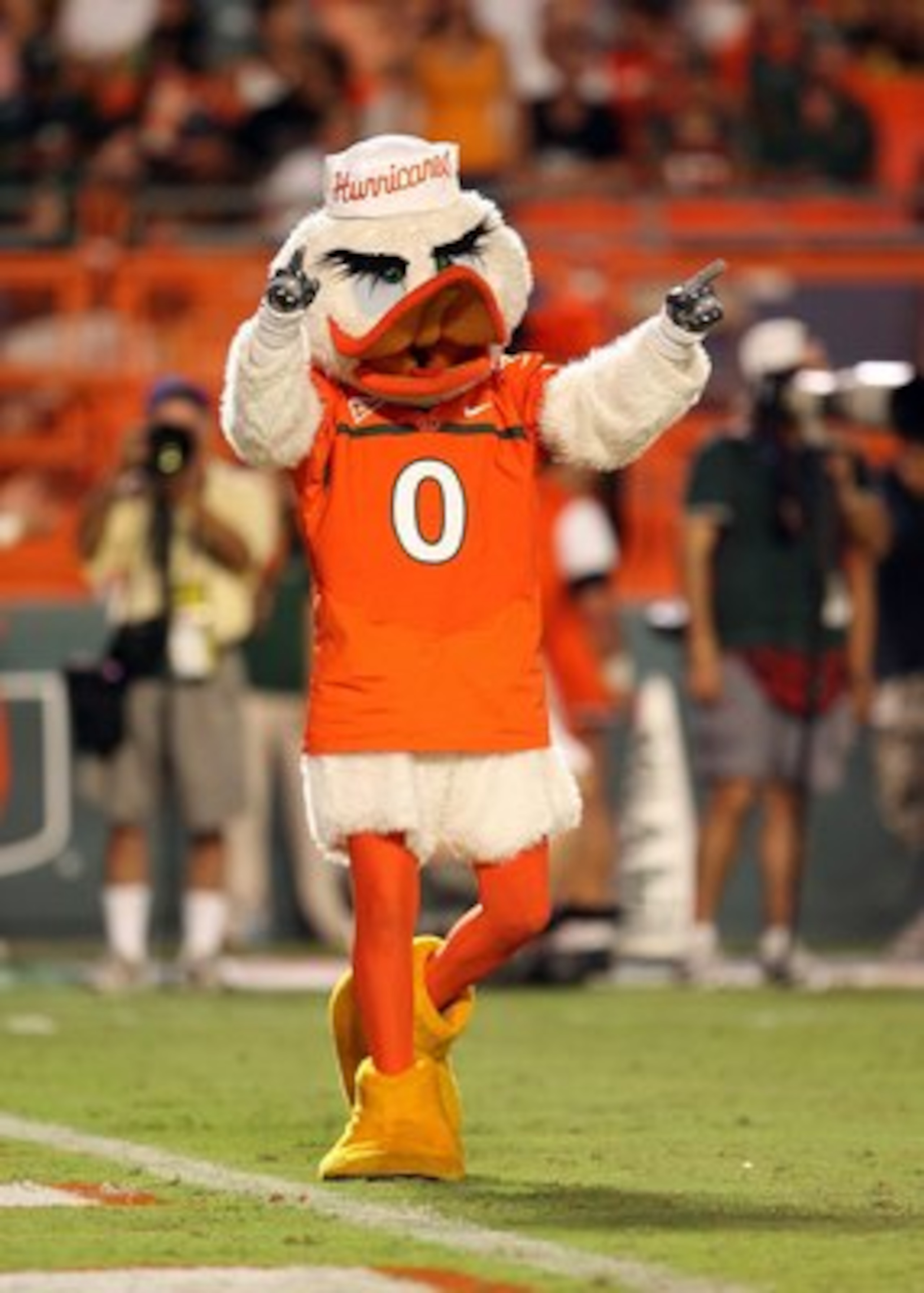 MIAMI GARDENS, FL - SEPTEMBER 17:  Sebastian the Ibis gets the crowd into the game as the Miami Hurricanes take on the Georgia Tech Yellow Jackets at Land Shark Stadium on September 17, 2009 in Miami Gardens, Florida. Miami defeated Georgia Tech 33-17.  (