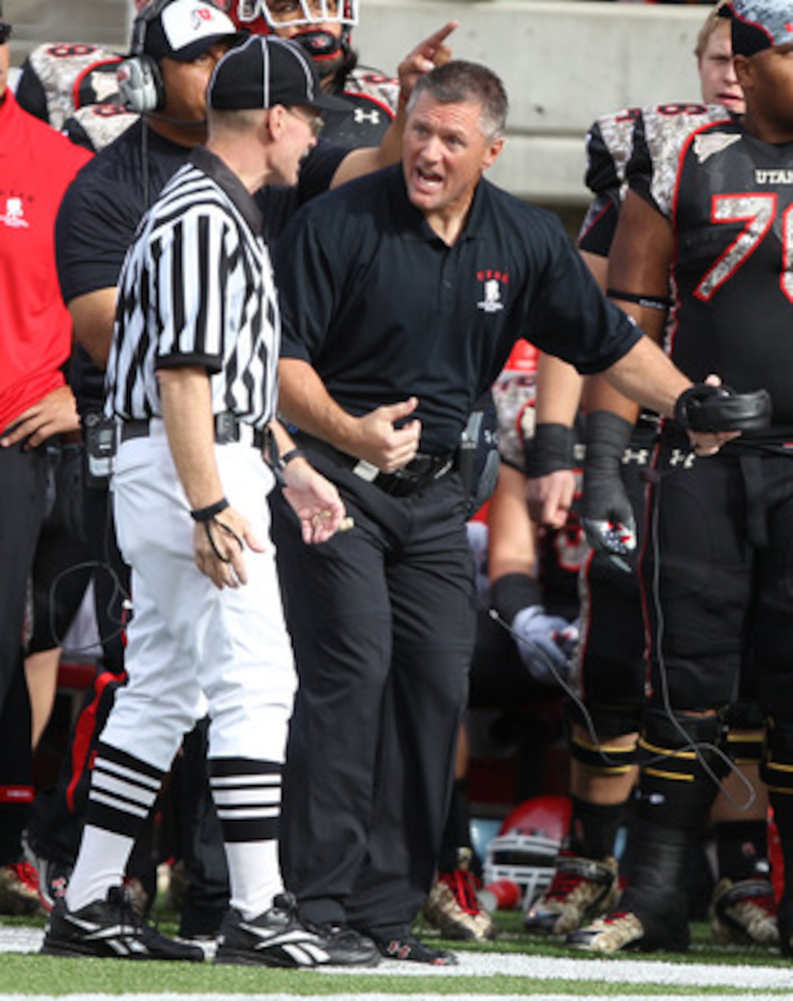SALT LAKE CITY, UT - NOVEMBER 6: Head coach Kyle Whittingham of the Utah Utes argues with an official during a game against the TCU Horned Frogs during the second half of an NCAA Football game November 6, 2010 at Rice-Eccles Stadium in Salt Lake City, Uta