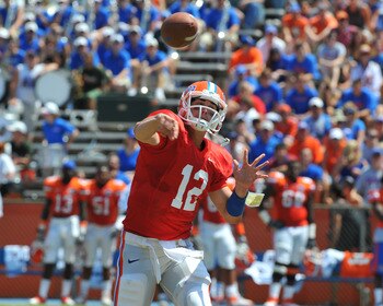 GAINESVILLE, FL - APRIL 9: Quarterback John Brantley #12 of the Florida Gators releases a pass during the Orange and Blue spring football game April 9, 2011 at Ben Hill Griffin Stadium in Gainesville, Florida. (Photo by Al Messerschmidt/Getty Images) GAINESVILLE, FL - APRIL 9: Quarterback John Brantley #12 of the Florida Gators releases a pass during the Orange and Blue spring football game April 9, 2011 at Ben Hill Griffin Stadium in Gainesville, Florida. (Photo by Al Messerschmidt/Getty Images)